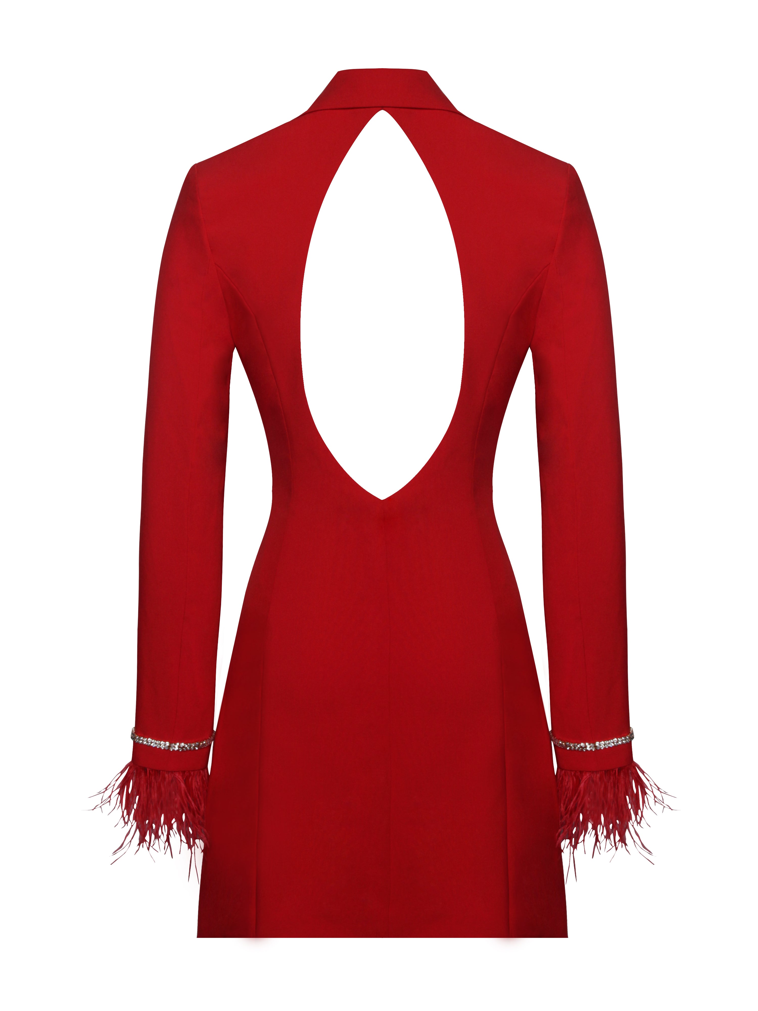 Quilla Red Feather Crystal Sleeve Backless Blazer Dress