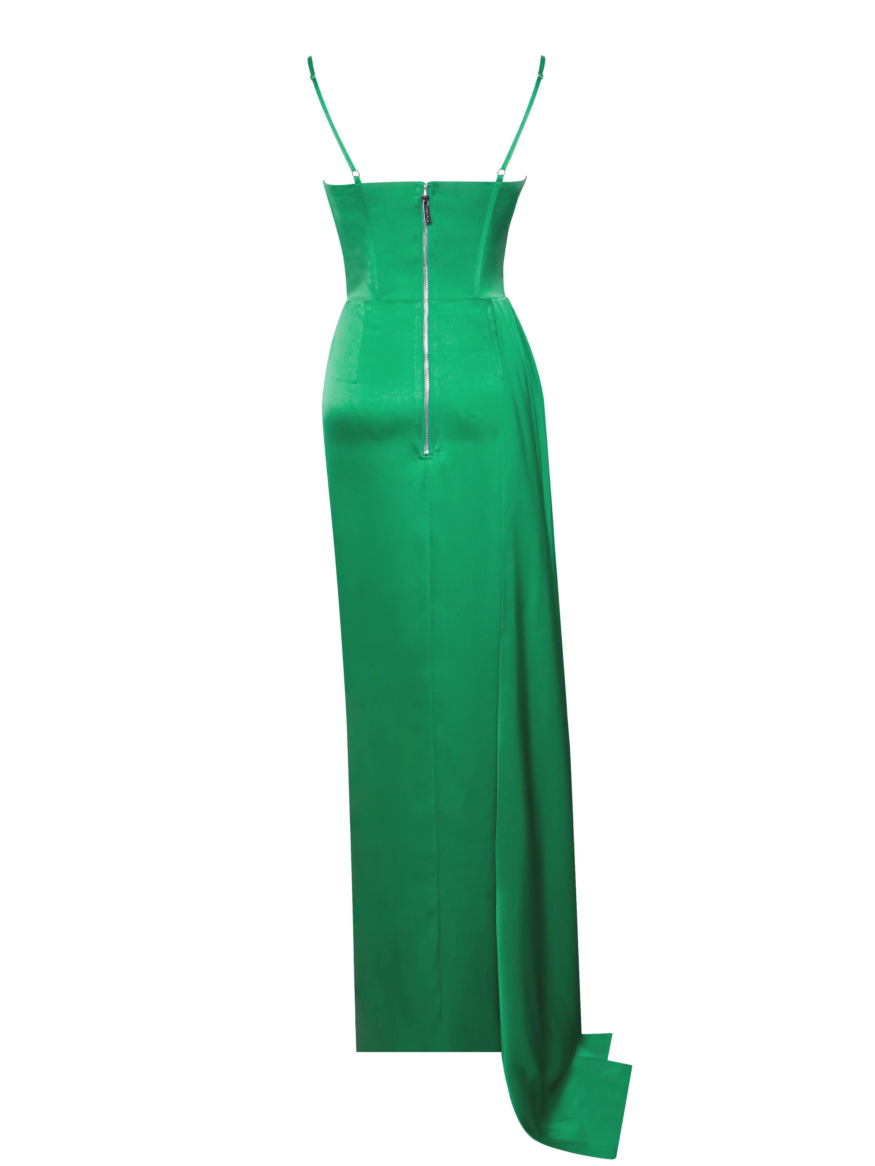 Vanity Green Satin High Slit Draping Corset Gown With Crystals