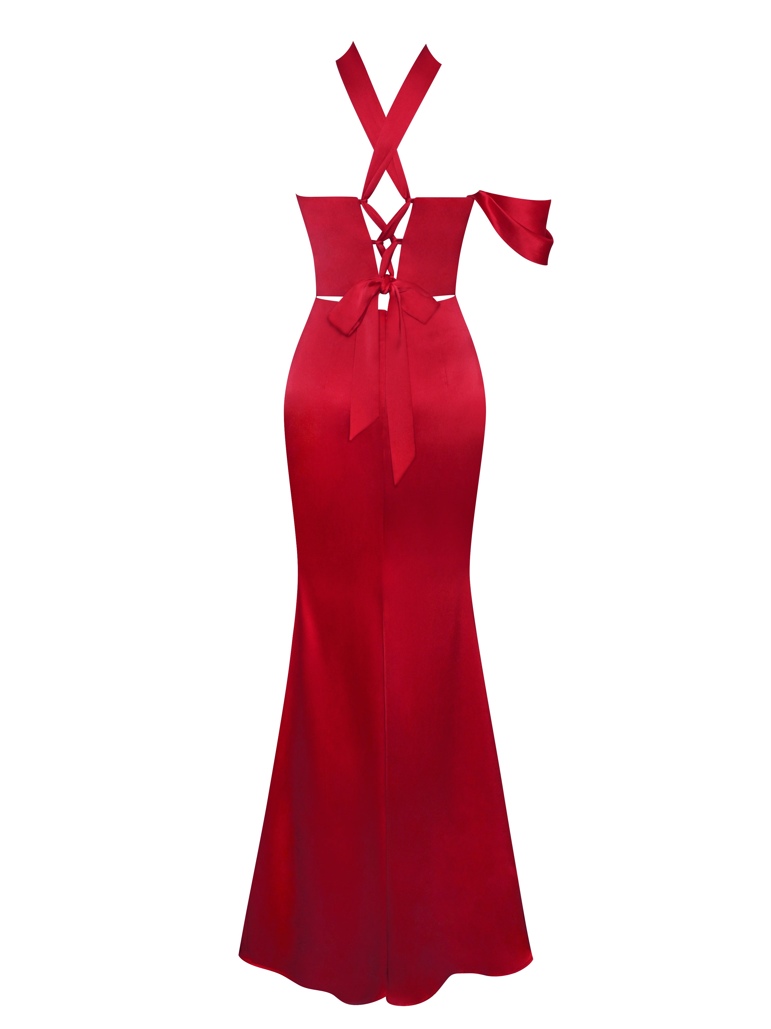 Ivona Red Halter Neck Double Duchess Satin Gown