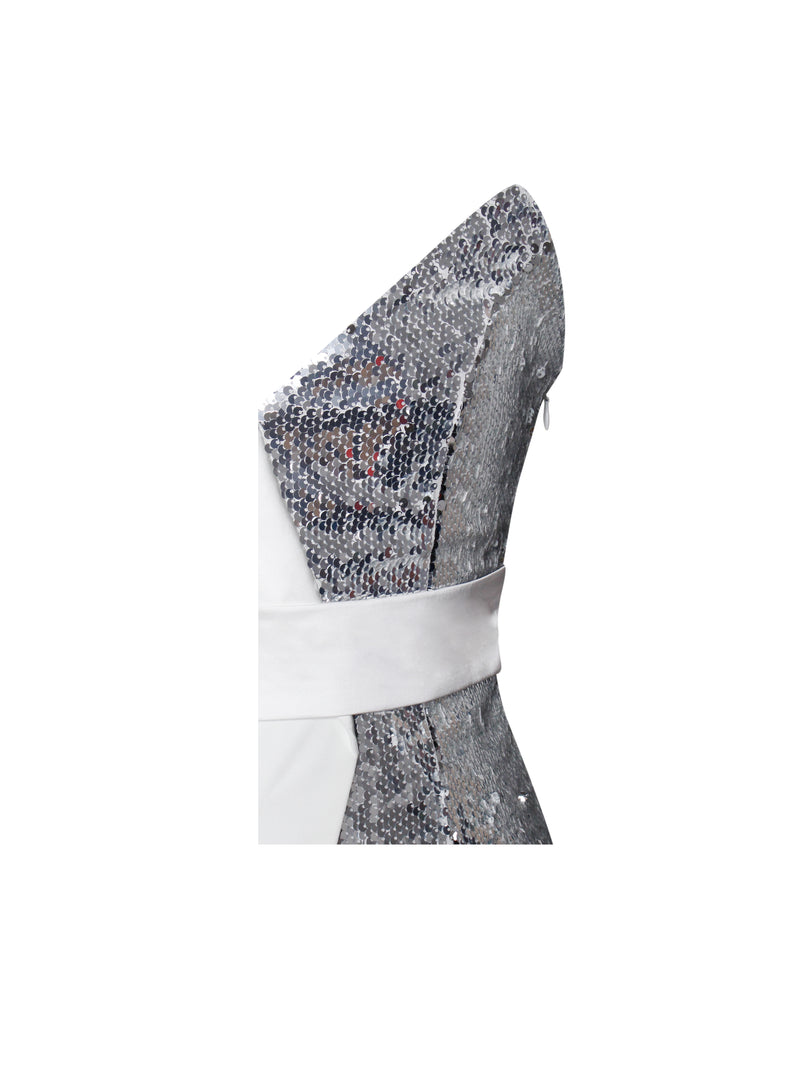 Silver Night White One Sleeved Sequin Crepe Tuxedo Blazer Dress - Miss Circle