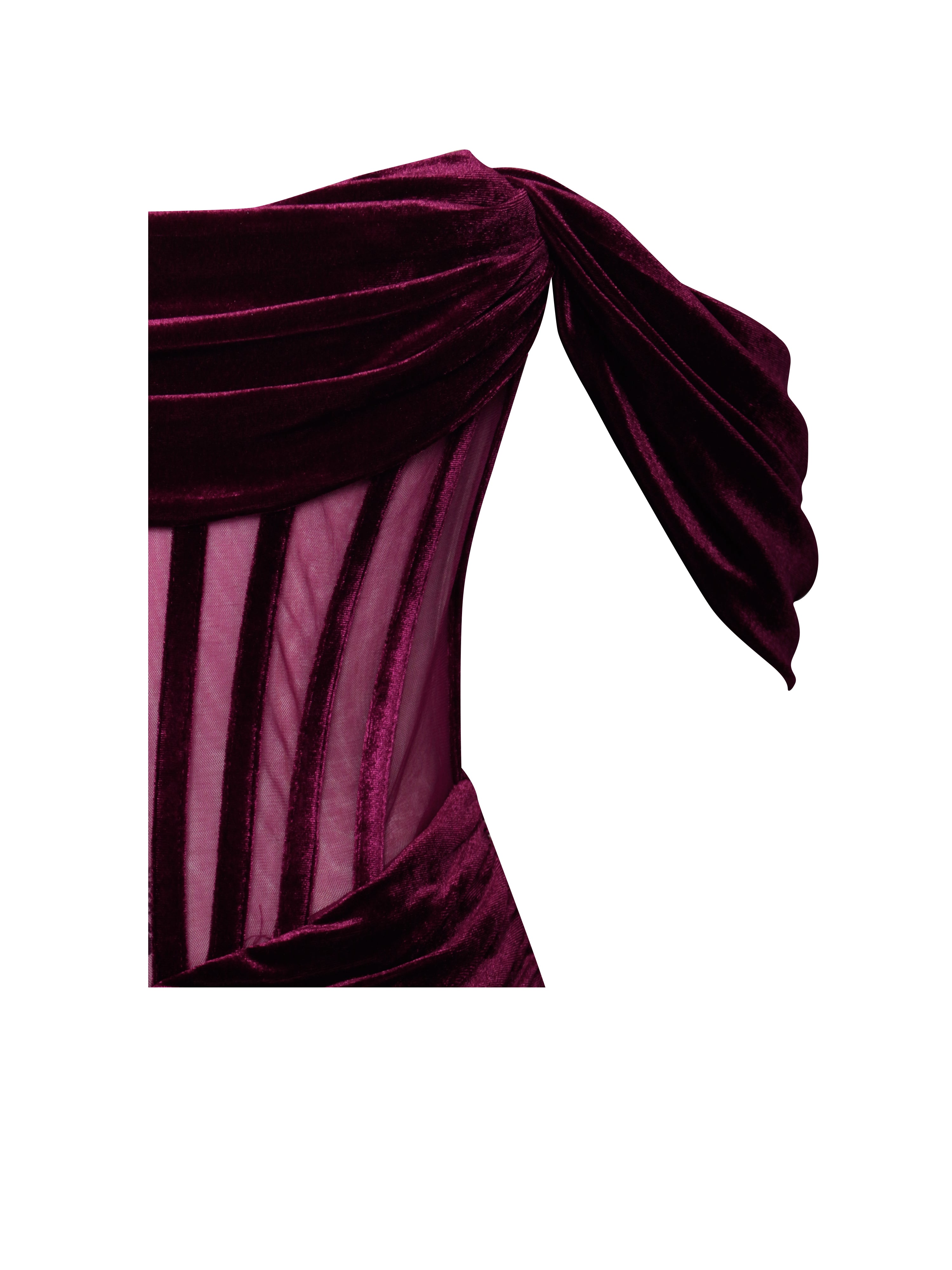 Irisa Burgundy Draping Off Shoulder Corset Dress