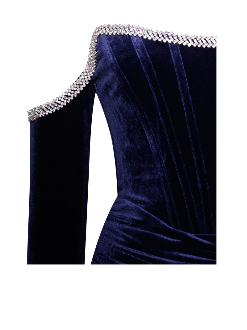 Odette Navy Velvet Off Shoulder Corset Dress With Crystal Trim