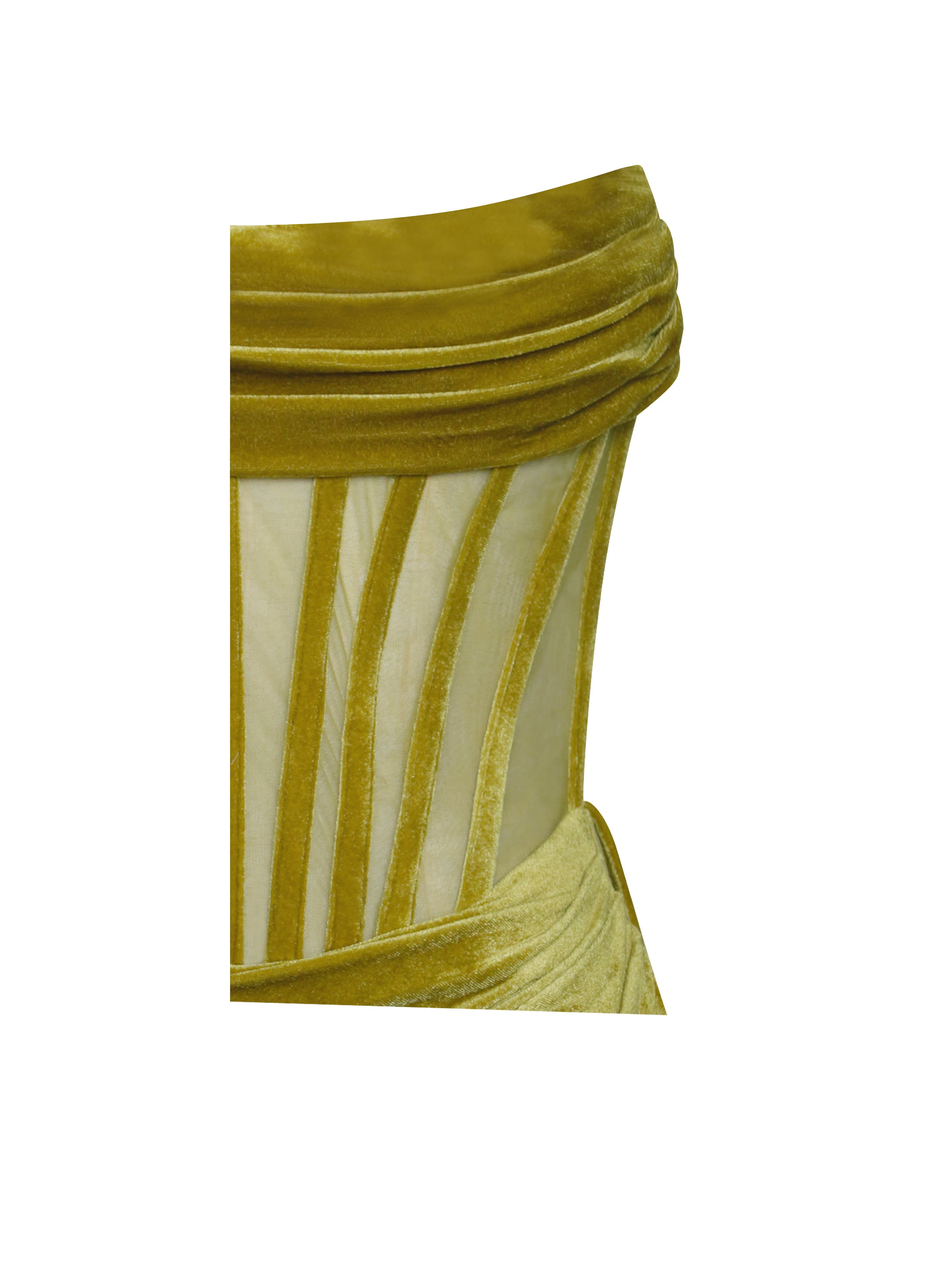 Priya Gold Draping Corset High Slit Velvet Gown Priya Gold Draping Corset High Slit Velvet Gown