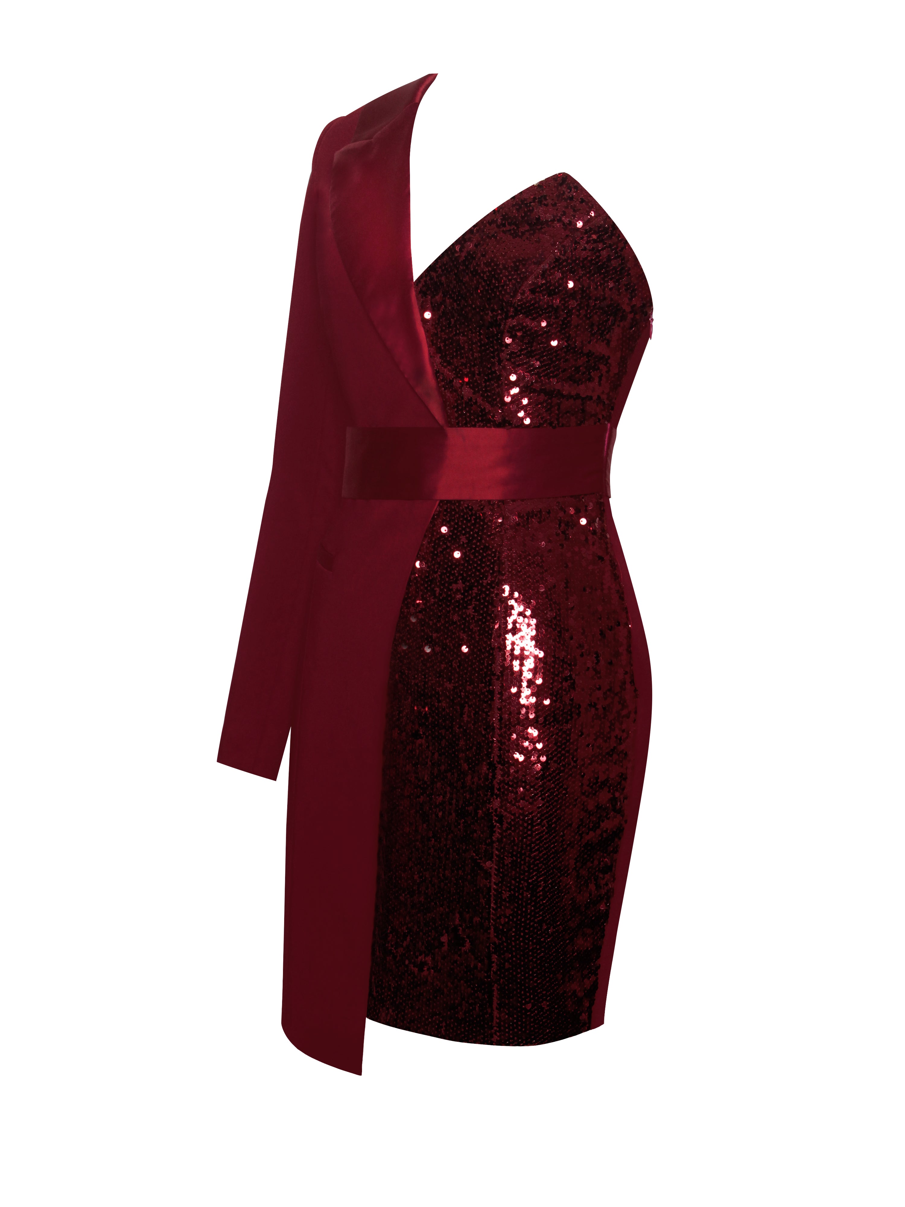 Silver Night One Sleeved Wine Sequin Crepe Tuxedo Blazer Dress - Miss Circle