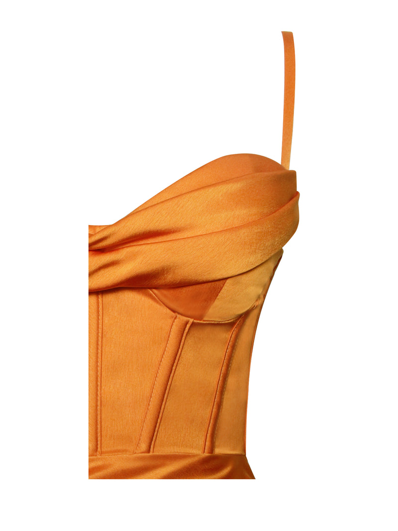 Elayna Orange Strappy Satin Corset High Slit Gown