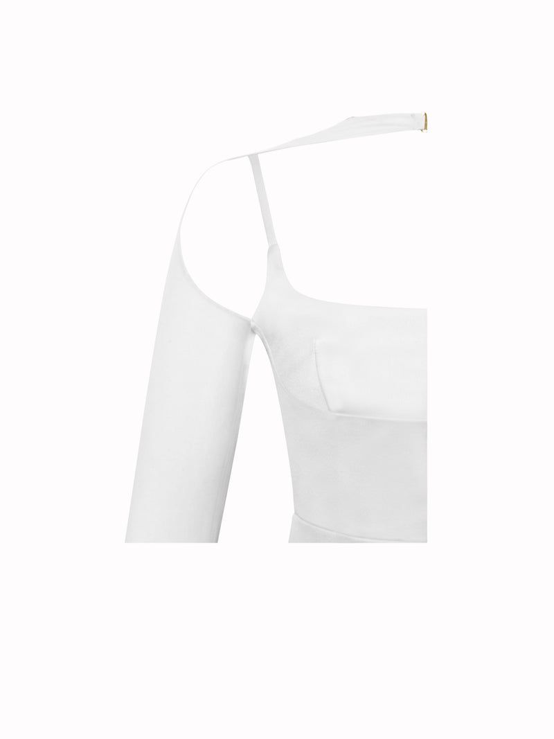 Oaklie White Satin Mesh Sleeve Dress with Feather