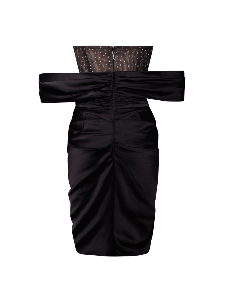 Demetra Midi Dress - High Split Corset Detail Off Shoulder Dress in Black