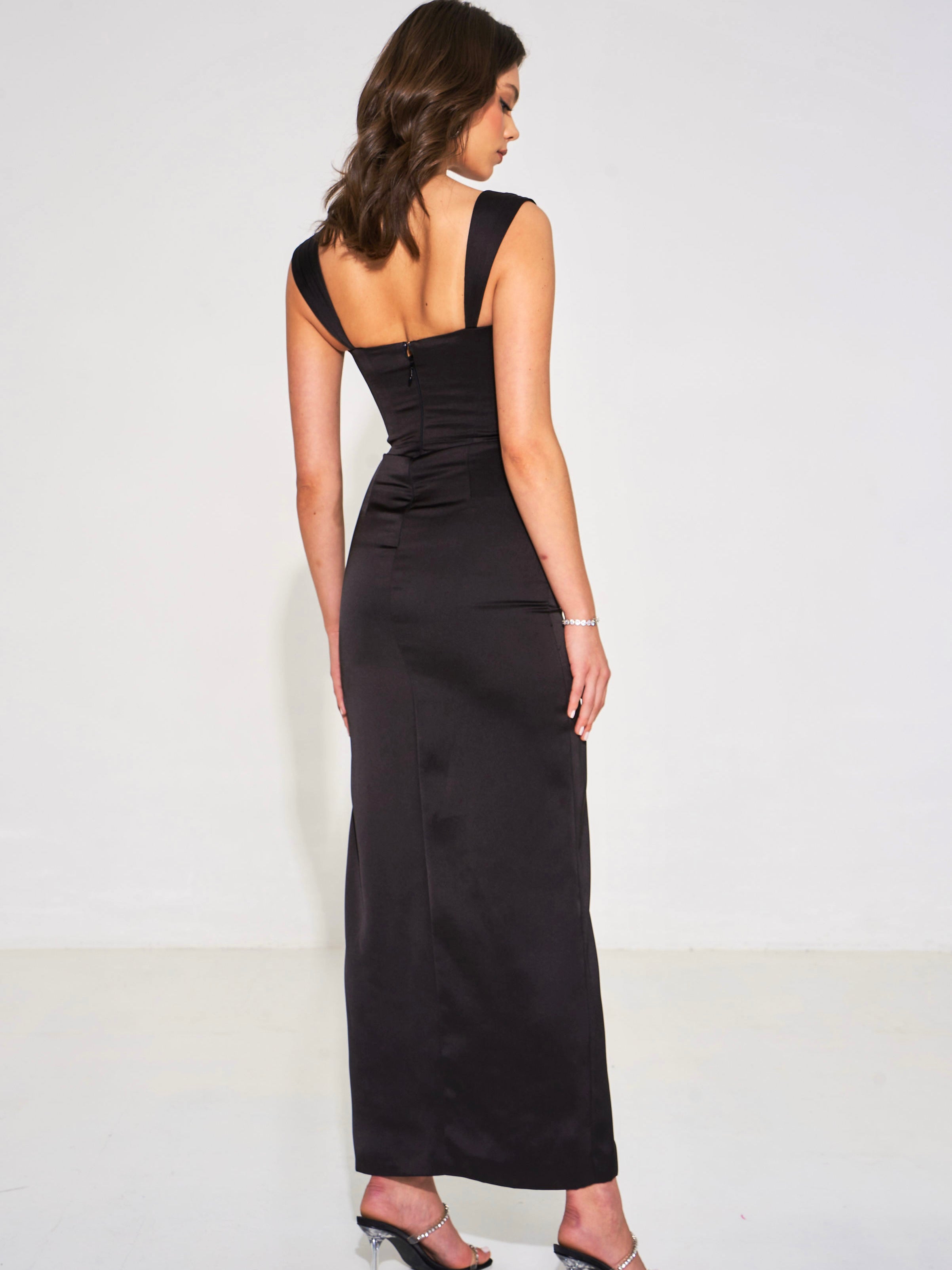 Freddie Black Lace Satin Maxi Corset Dress