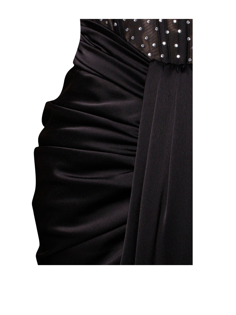 Stella Black Off Shoulder Crystal Corset Satin Gown