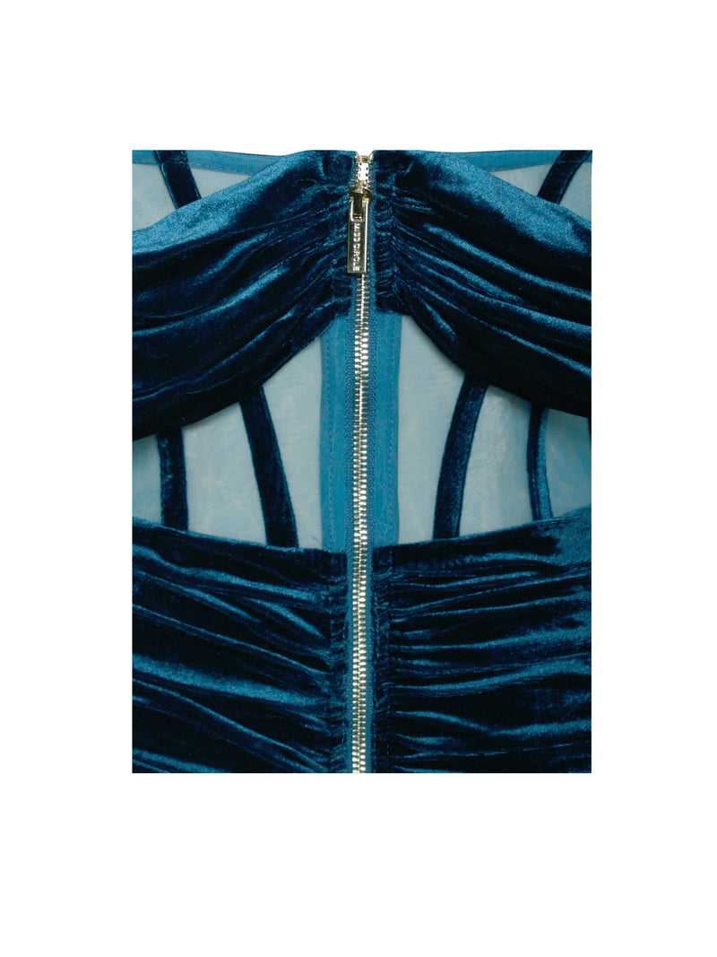 Irisa Teal Blue Draping Off Shoulder Corset Dress