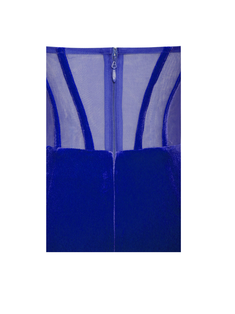Priya Royal Blue Draping Corset High Slit Velvet Gown