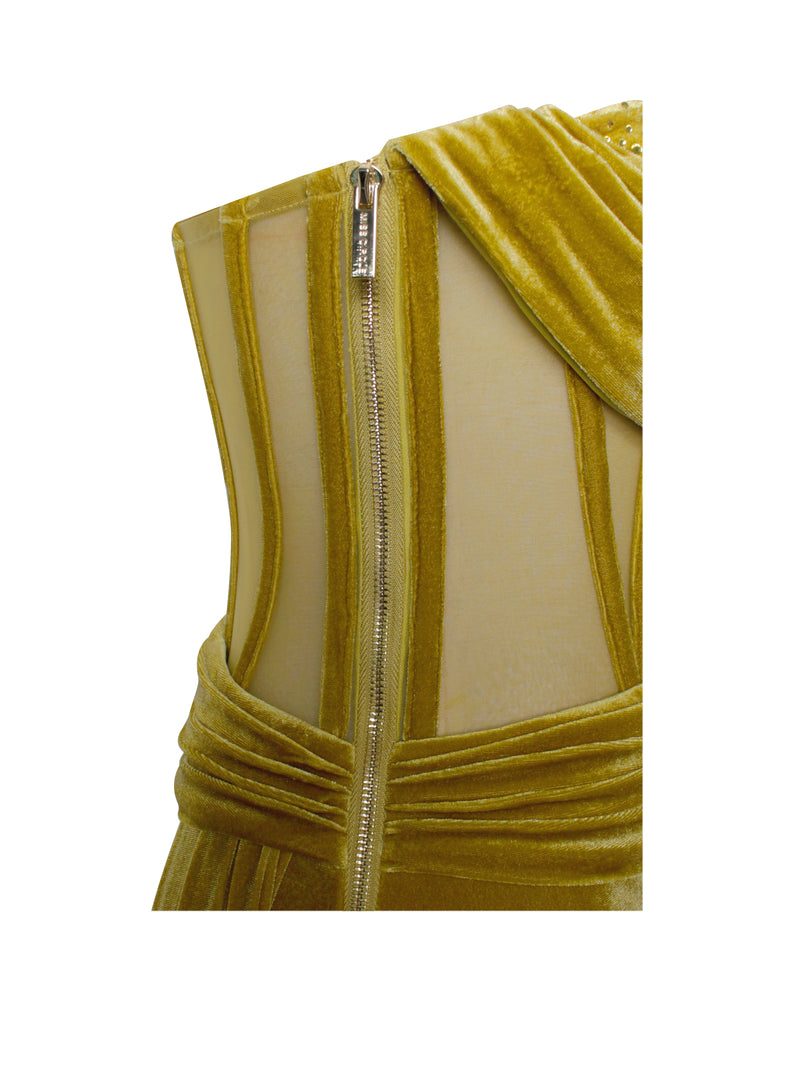 Octavia Gold Draping Crystal Corset High Slit Velvet Gown