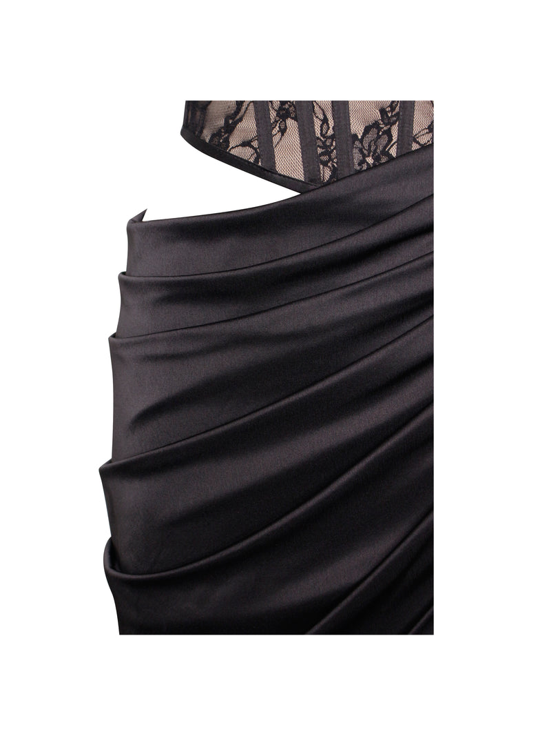 Callie Black Lace Satin Corset High Slit Gown