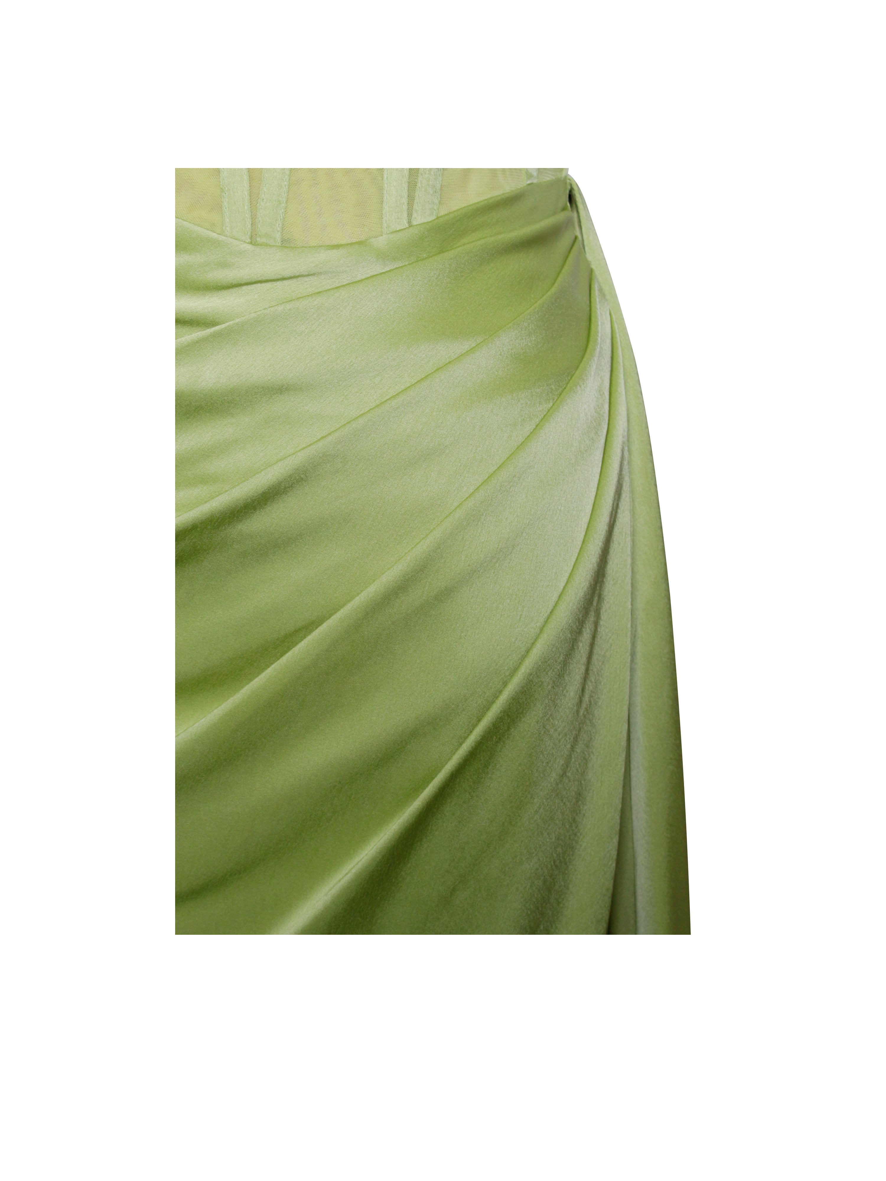 Prisa Lime High Slit Satin Corset Gown