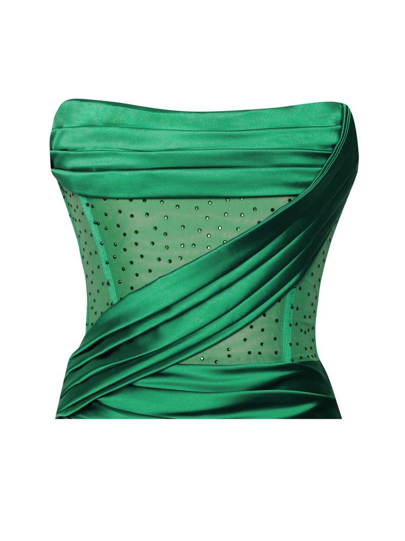 Holly Green Crystallized Corset High Slit Satin Gown
