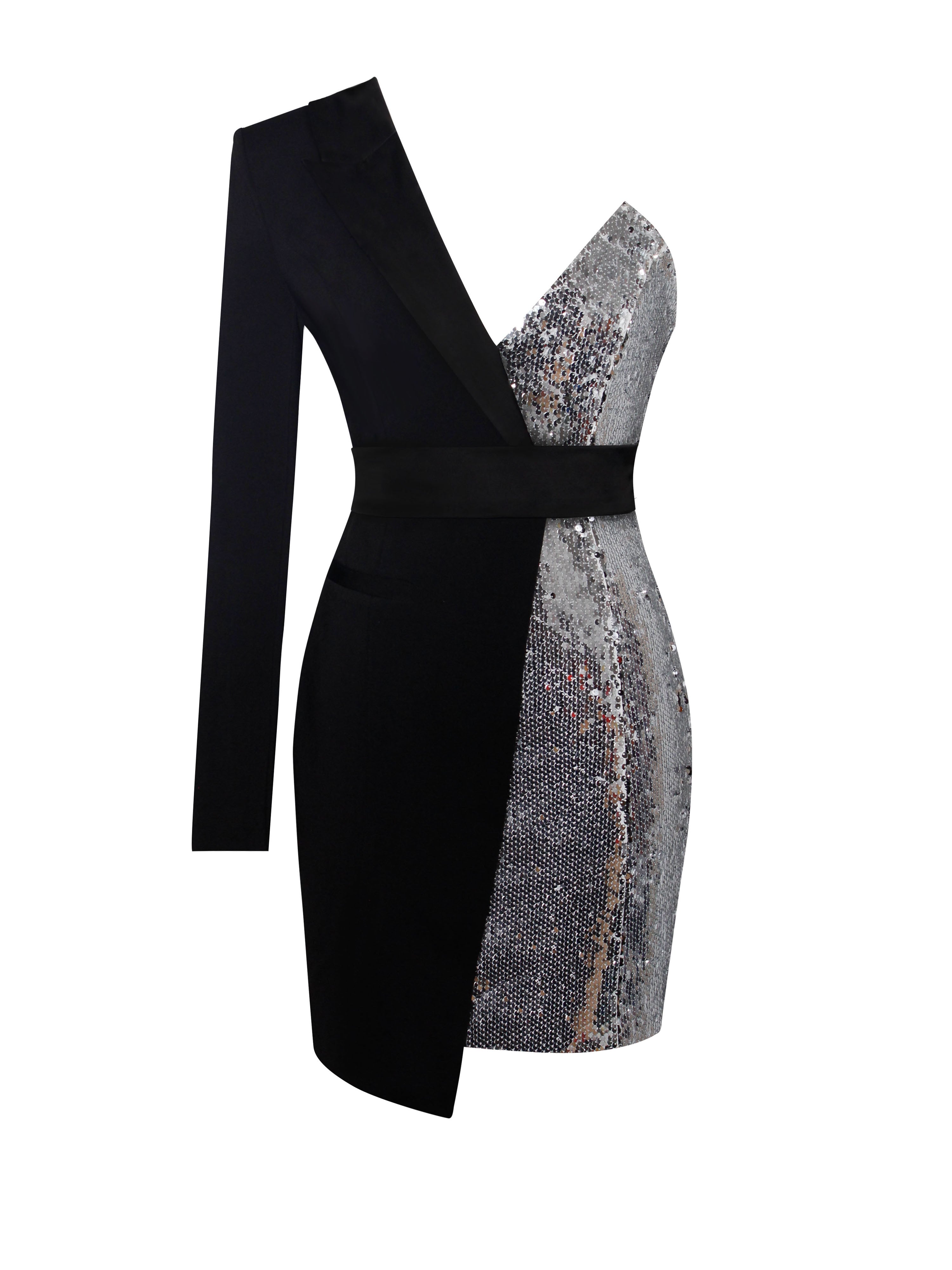 Silver Night One Sleeved Sequin Crepe Tuxedo Blazer Dress - Miss Circle