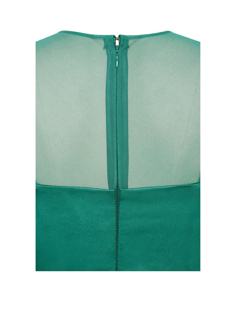 Oaklie Emerald Green Satin Mesh Sleeve Dress With Feathers
