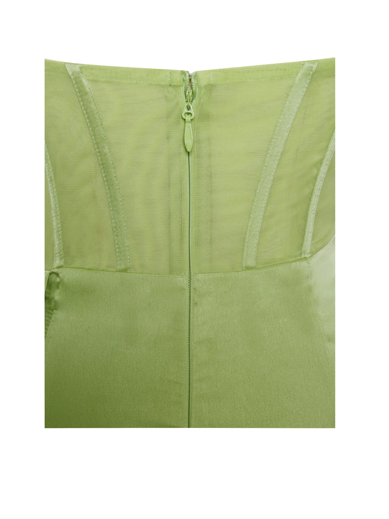 Prisa Lime High Slit Satin Corset Gown