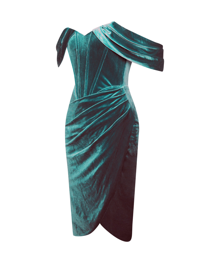 Omaria Teal Velvet Off Shoulder Corset Dress