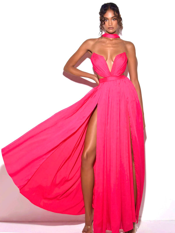 Xella Ruby Pink Pleated Chiffon Maxi Dress
