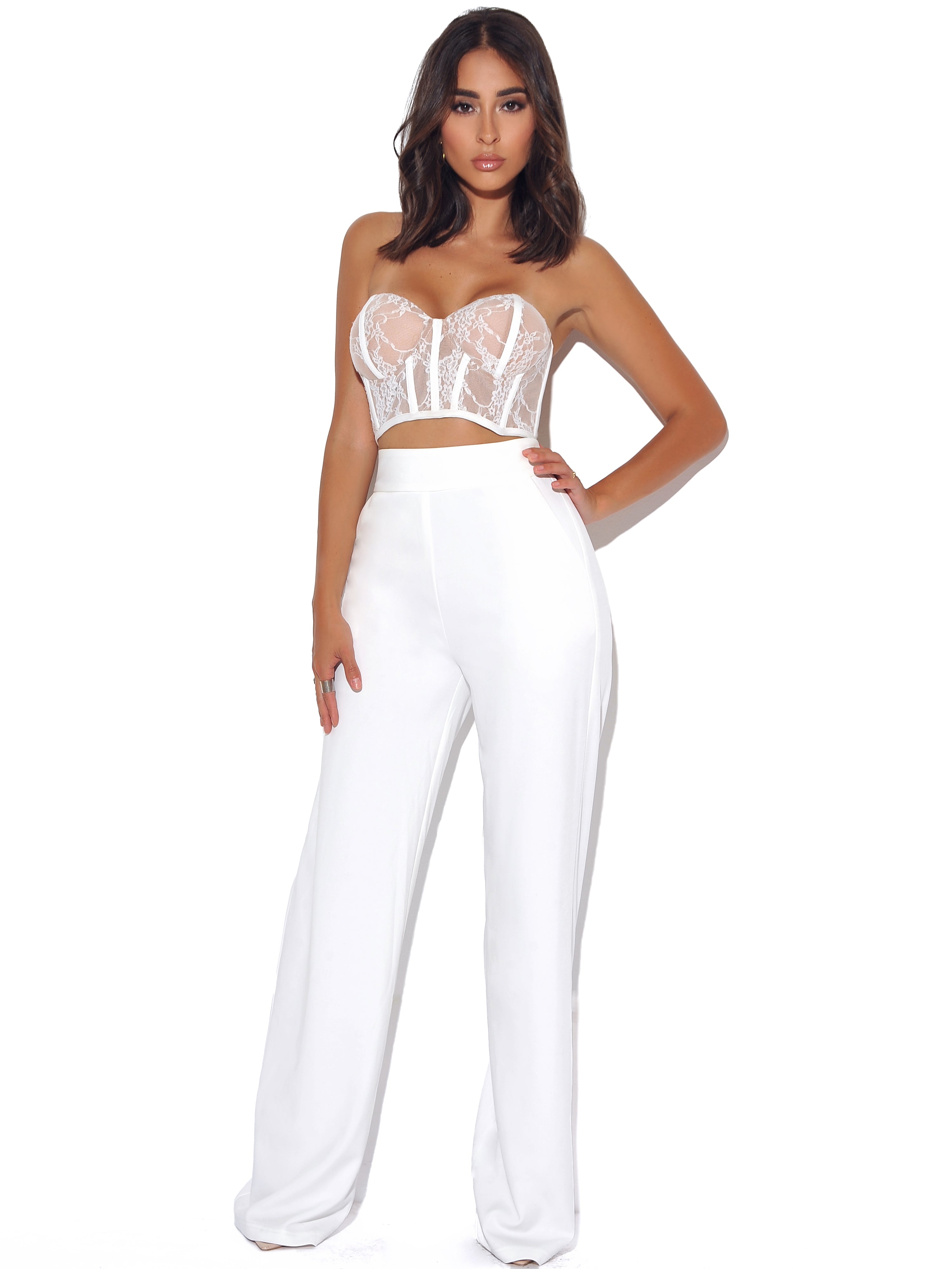 Never Enough White Stretch Crepe Wide Leg Trousers - Miss Circle