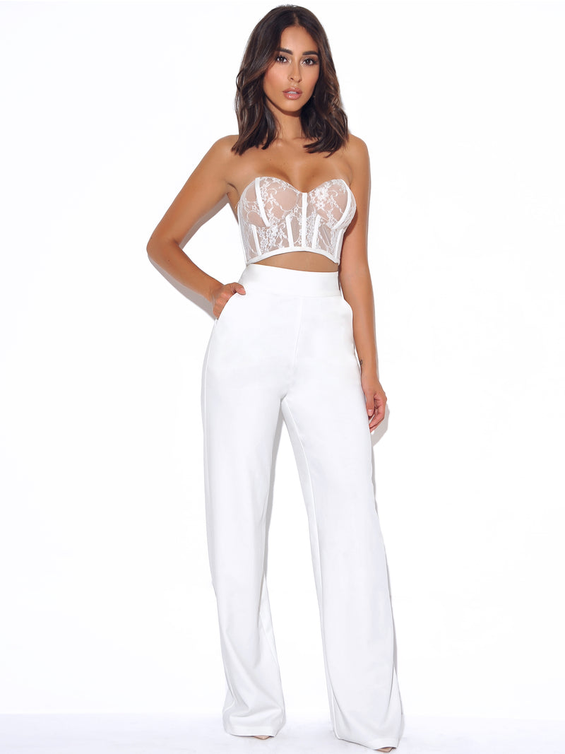 MALIBU WHITE COTTON LINEN STRAIGHT FIT ELASTICATED WAIST FULL LENGTH  TROUSERS WITH POCKETS