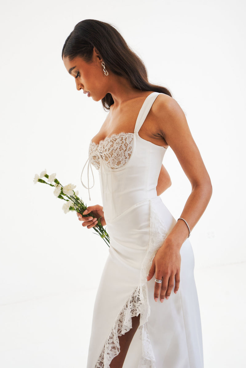 Wrenlee White Satin Draping Midi Dress – Miss Circle