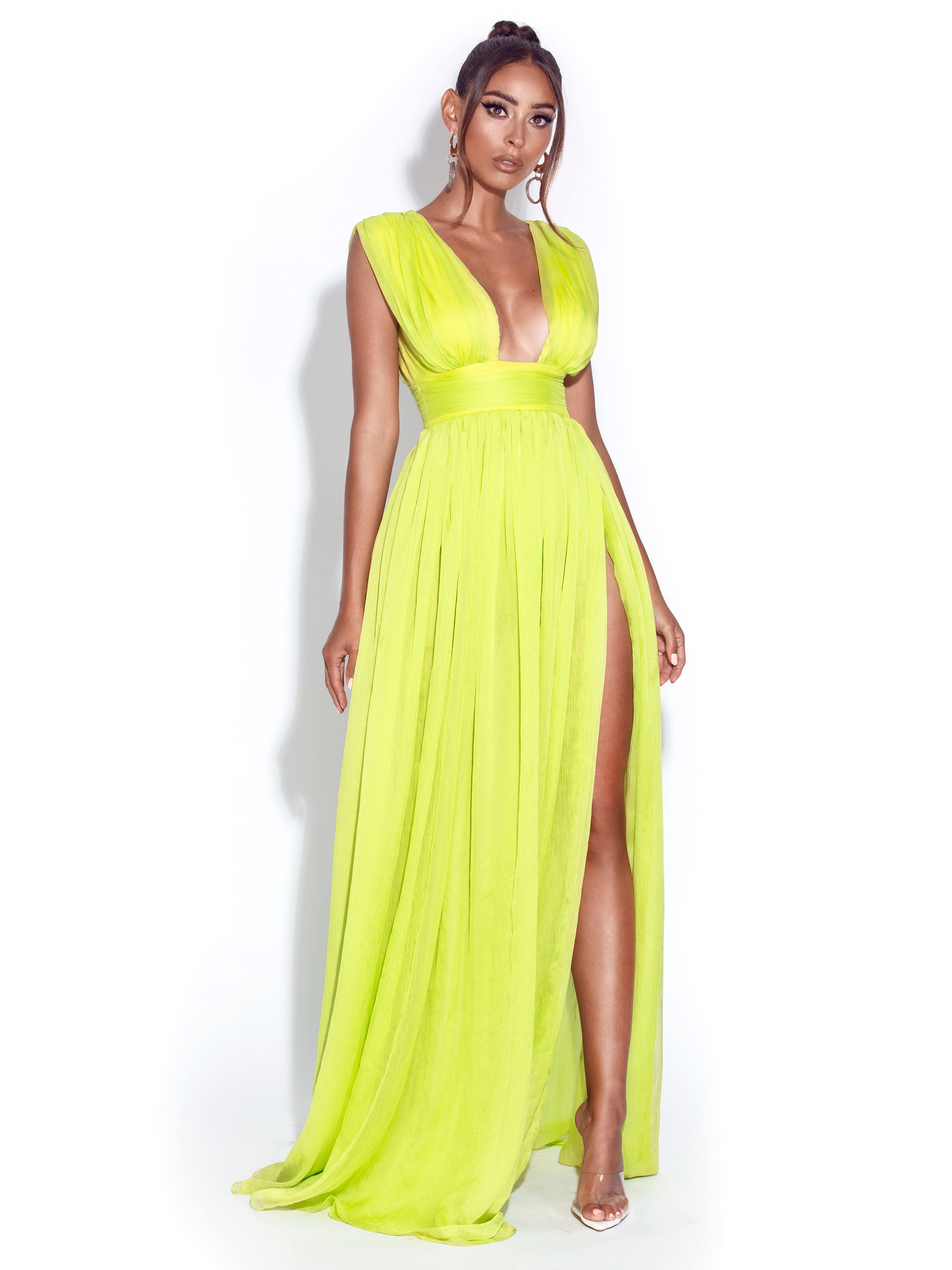 Valley Of Angels Lime Chiffon Pleated High Slit Maxi Dress