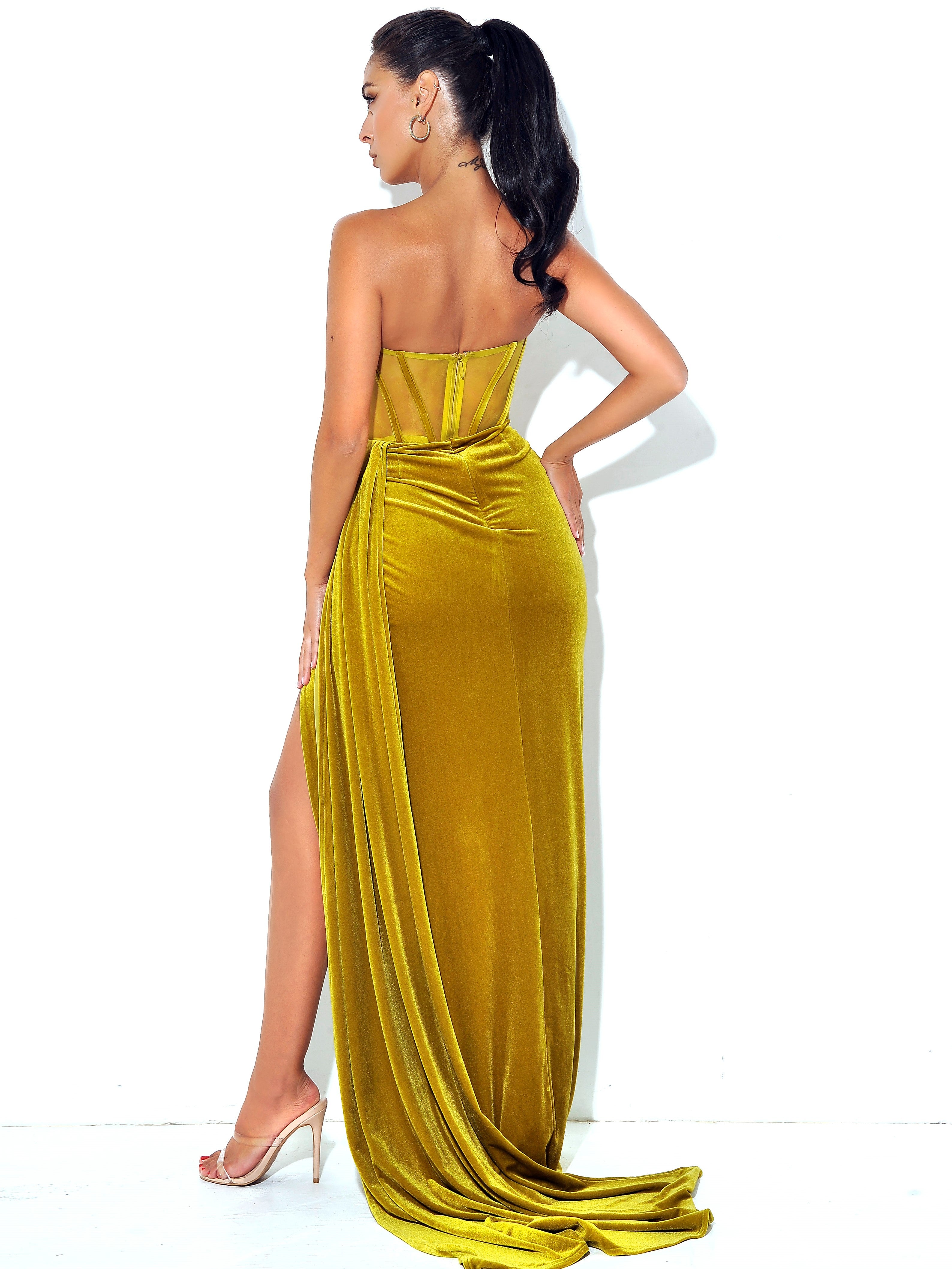 gold velvet maxi dress Octavia Gold Draping Crystal Corset High Slit Velvet Gown S / US 4-6