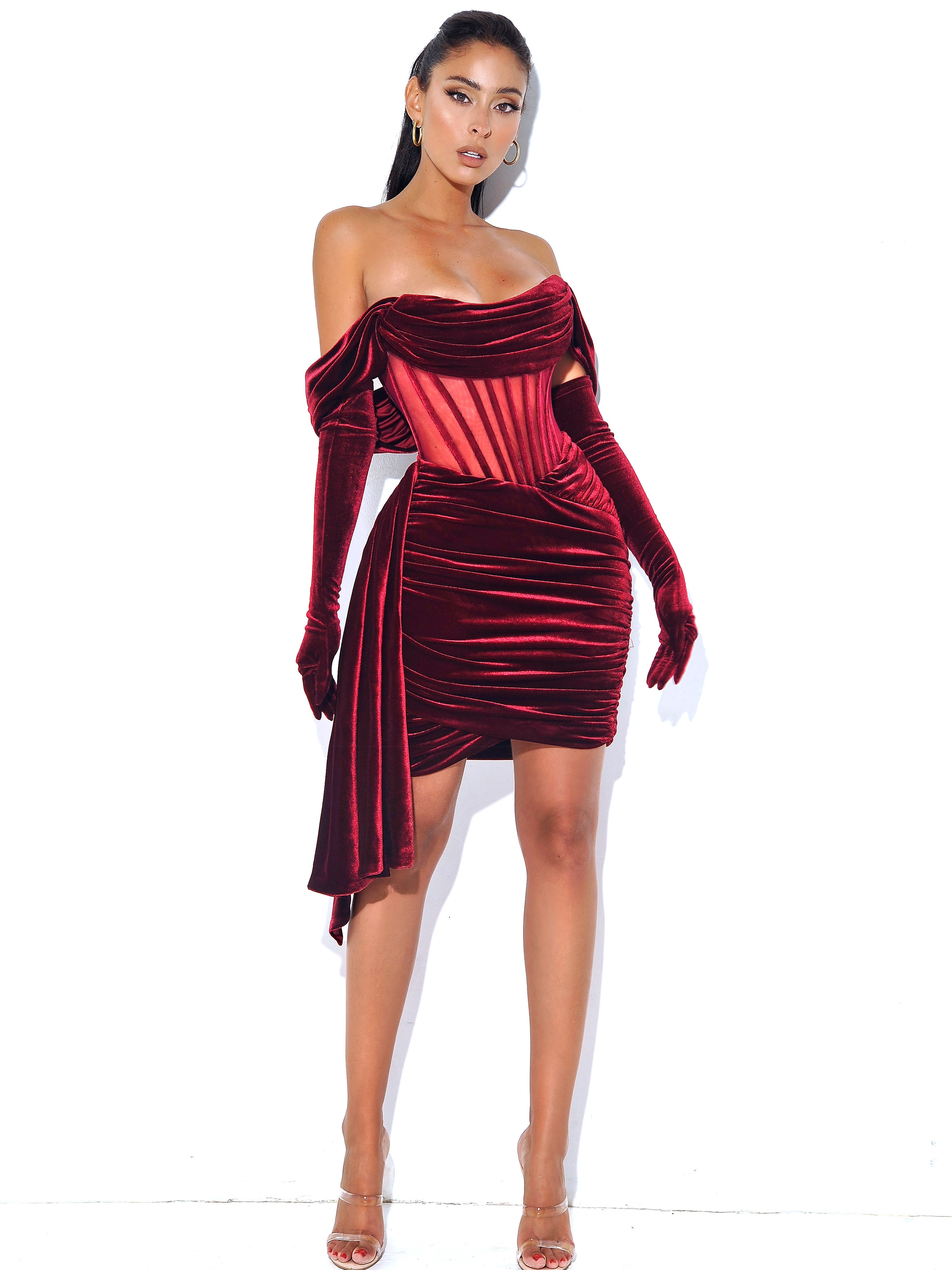 Irisa Burgundy Draping Off Shoulder Corset Dress