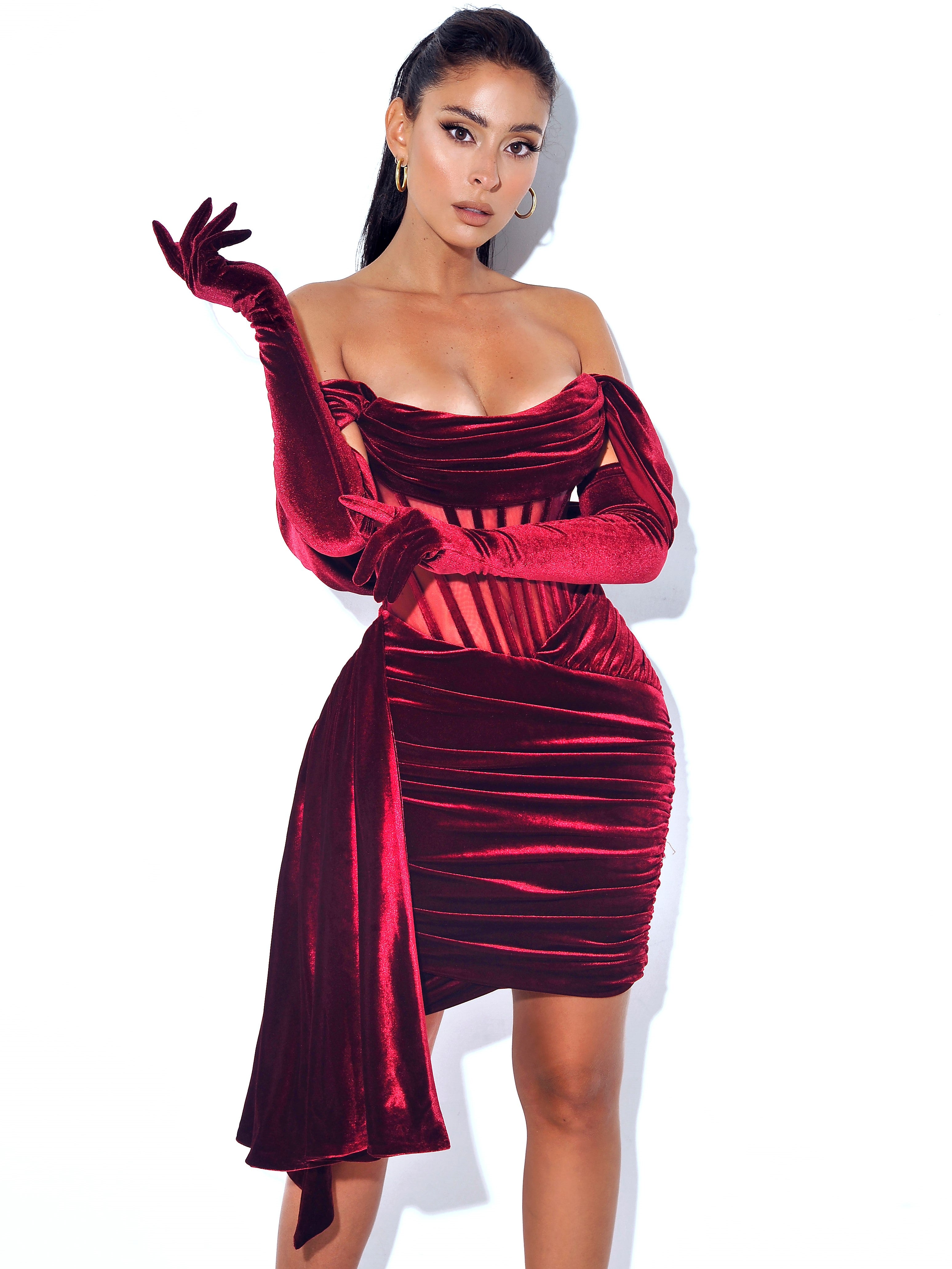 Irisa Burgundy Draping Off Shoulder Corset Dress