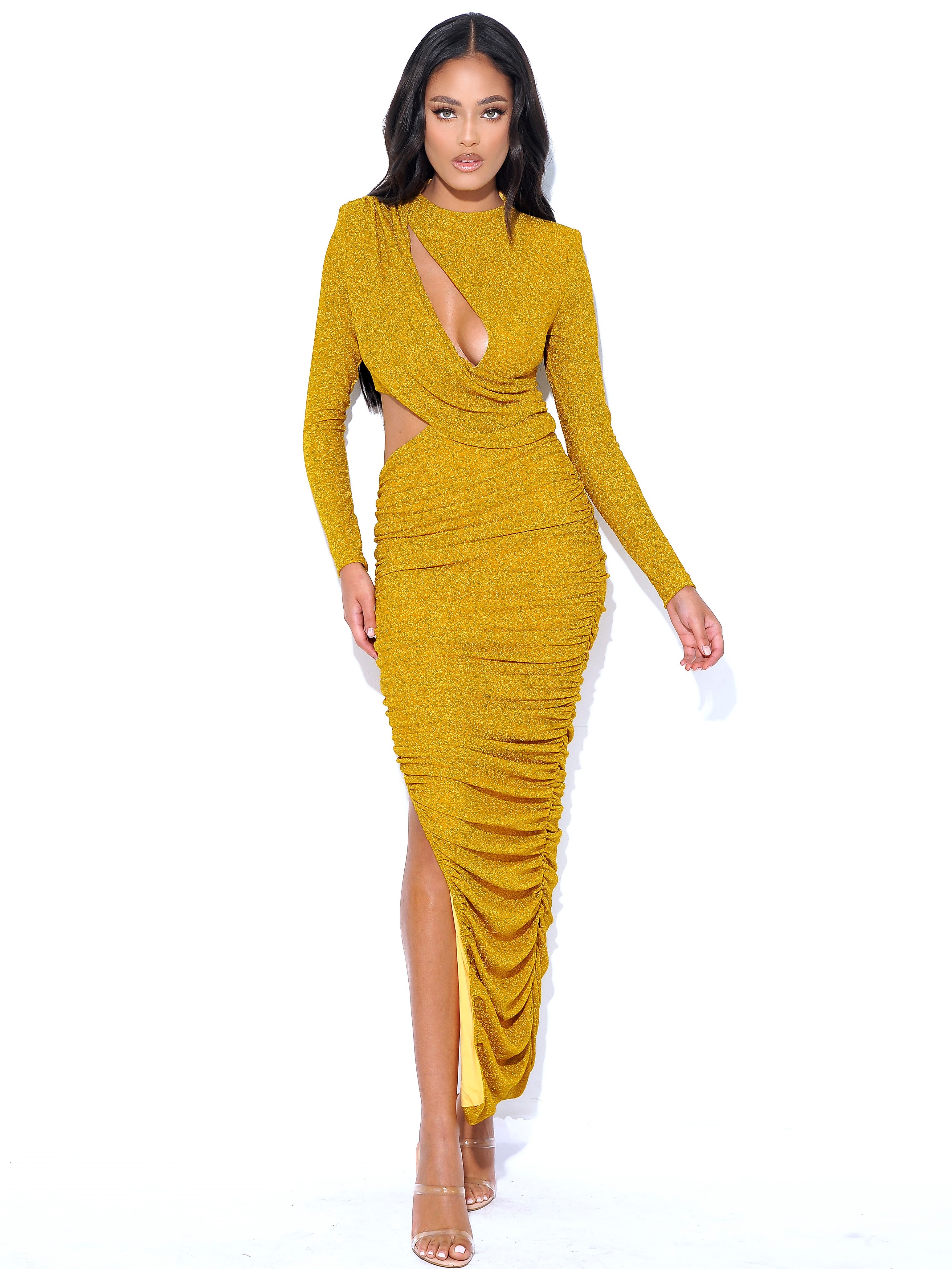 Payson Gold Long Sleeve Metallic Jersey Cutout Dress