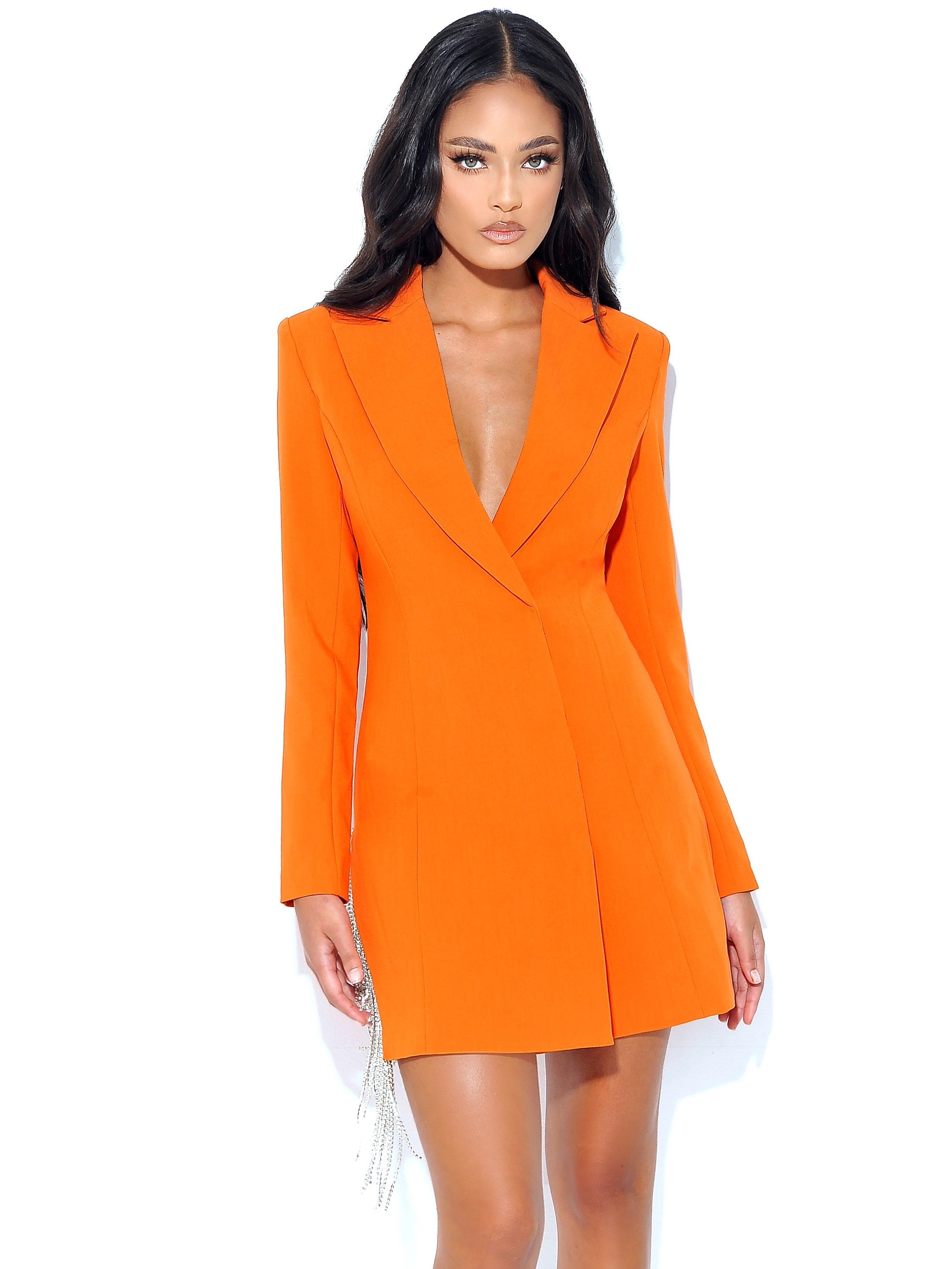 Freya Orange Crystal Fringe Blazer Dress