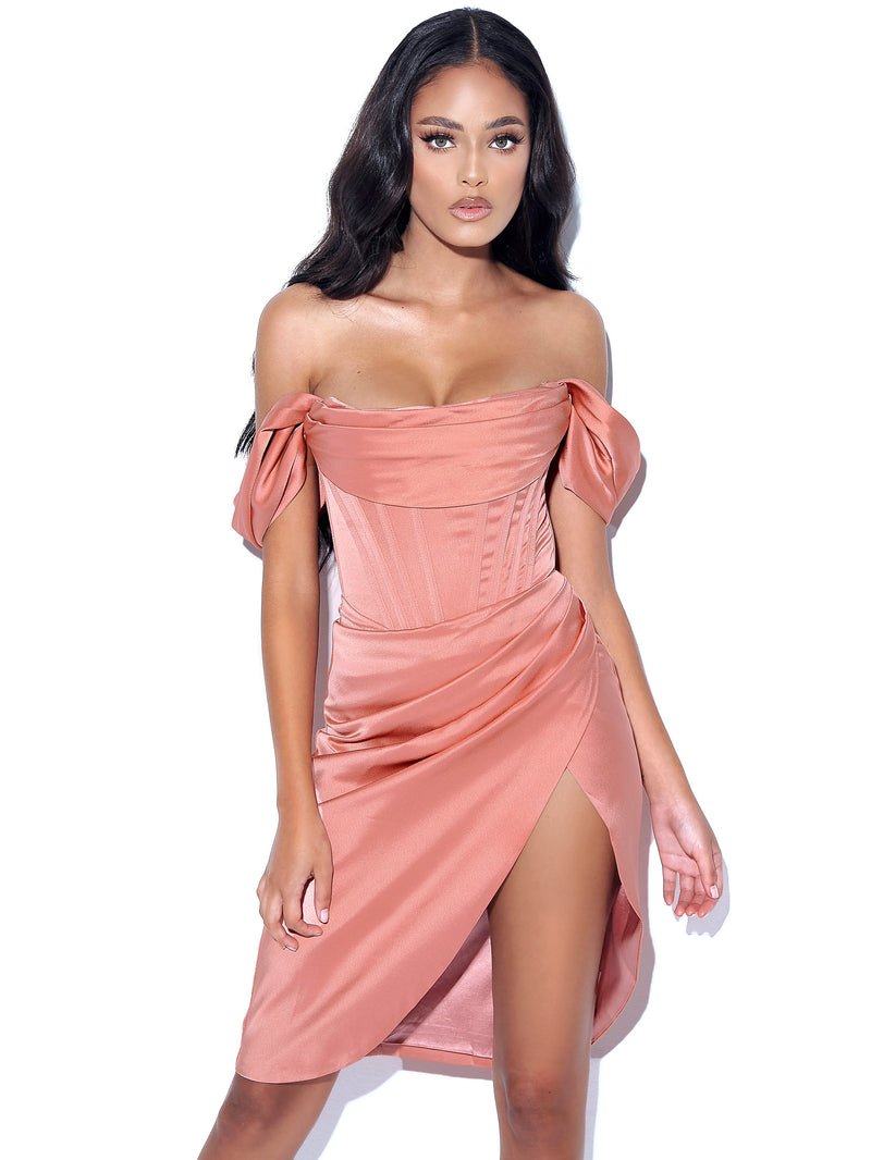 Wiley Blush Pink Satin Off Shoulder Corset Dress