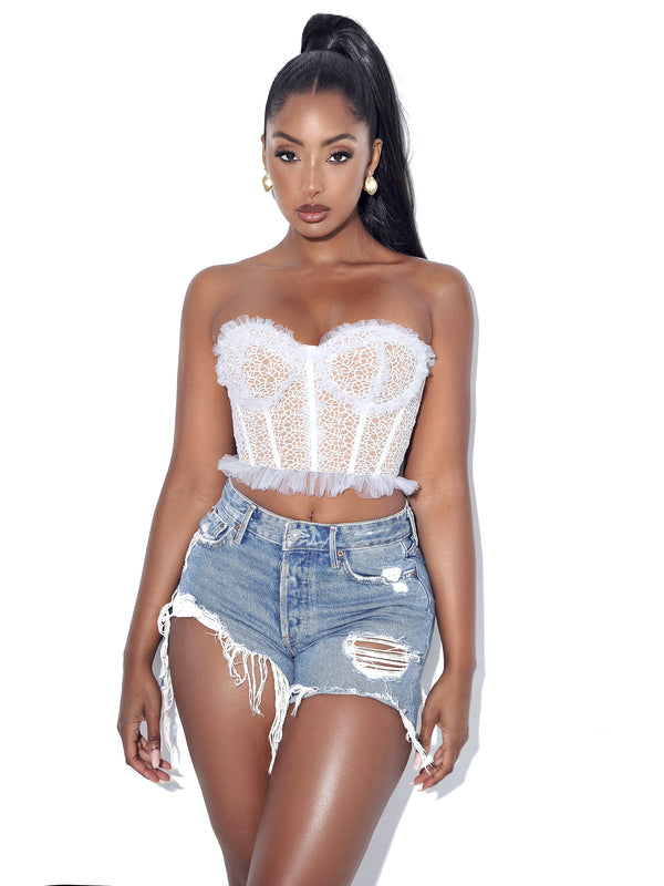 Orah White Mesh and Lace Corset Top