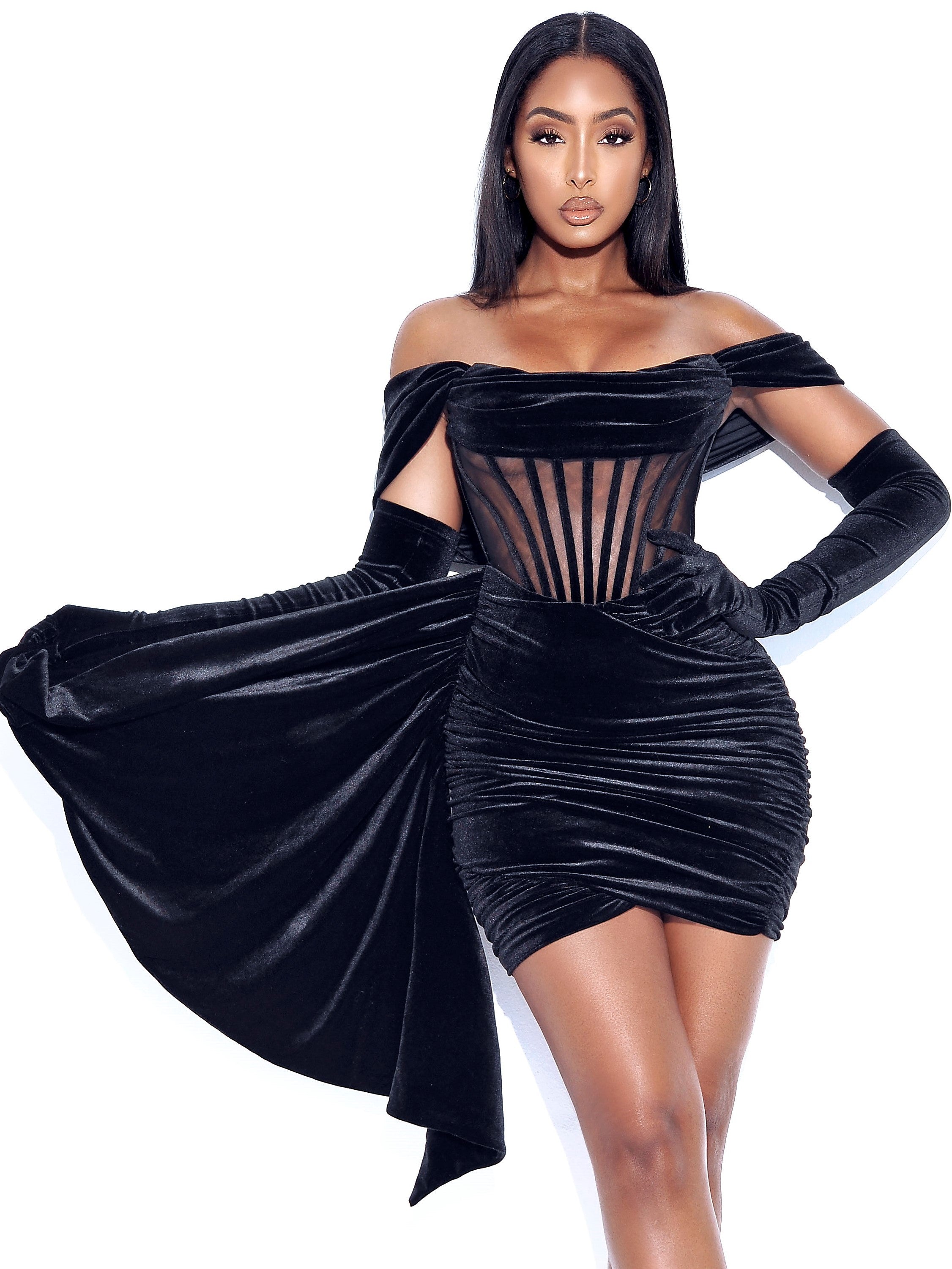 Irisa Black Draping Off Shoulder Corset Dress (Archive Sale) Irisa Black Draping Off Shoulder Corset Dress (Archive Sale)