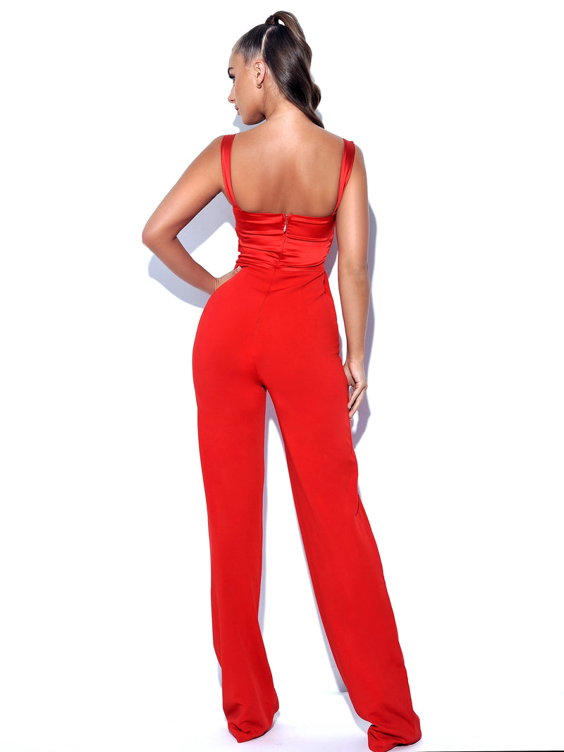 Two-Tone Flowy Jumpsuit in Red/Fuchsia Satin