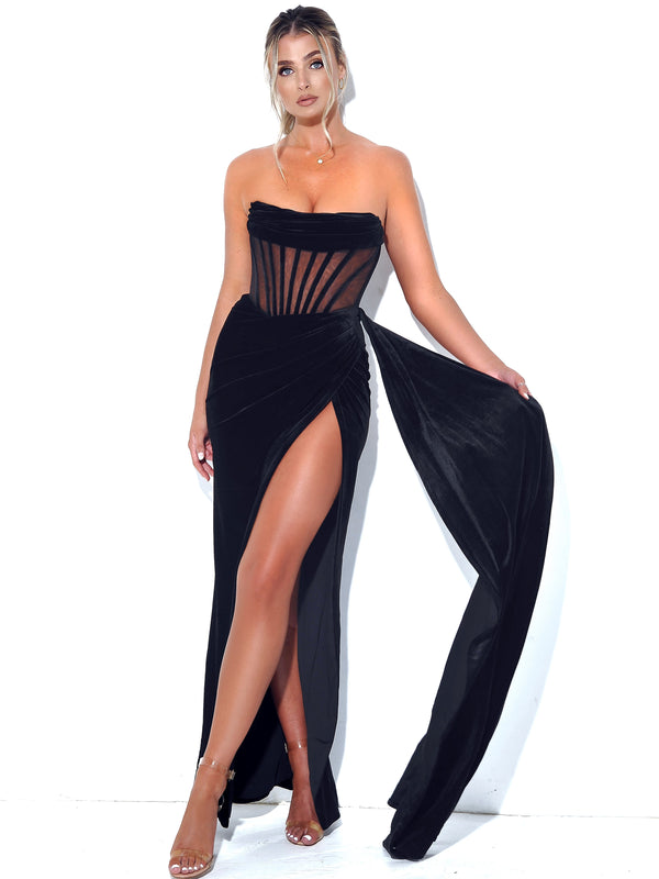 Short Black Glossy Velvet Dress with lace corset