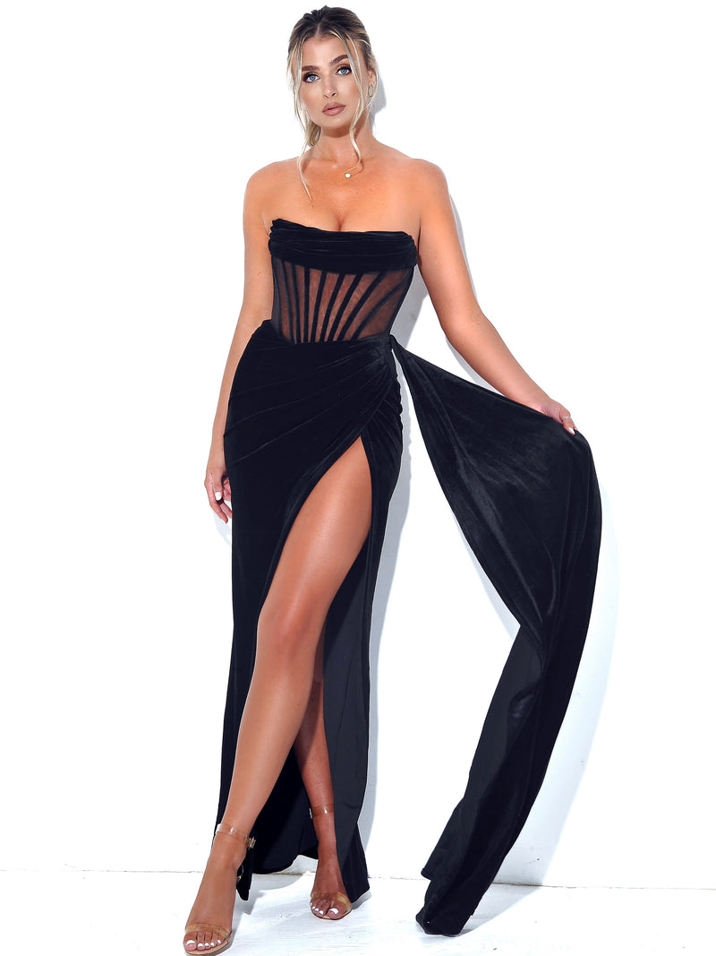 Priya Black Draping Corset High Slit Velvet Gown – Miss Circle