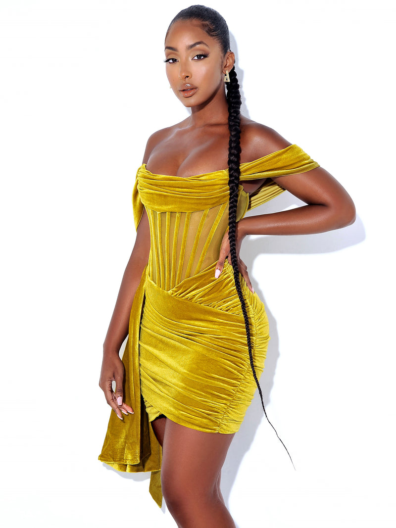 Irisa Gold Draping Off Shoulder Corset Dress – Miss Circle