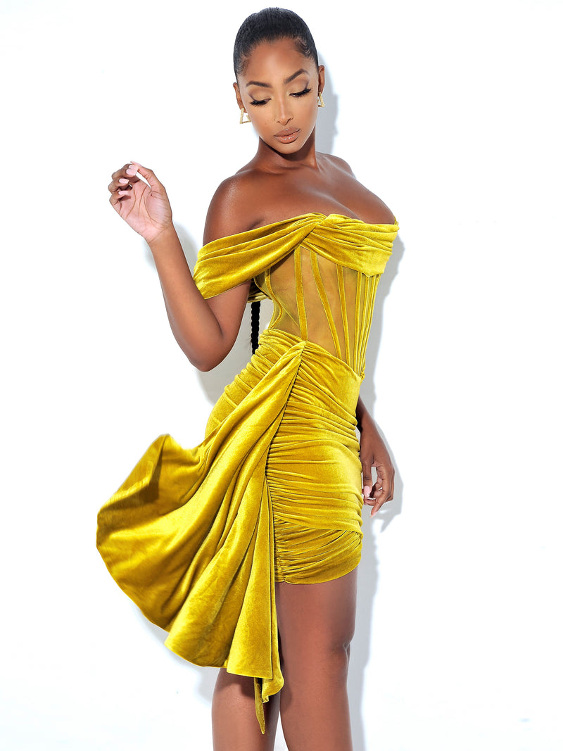 Irisa Gold Draping Off Shoulder Corset Dress