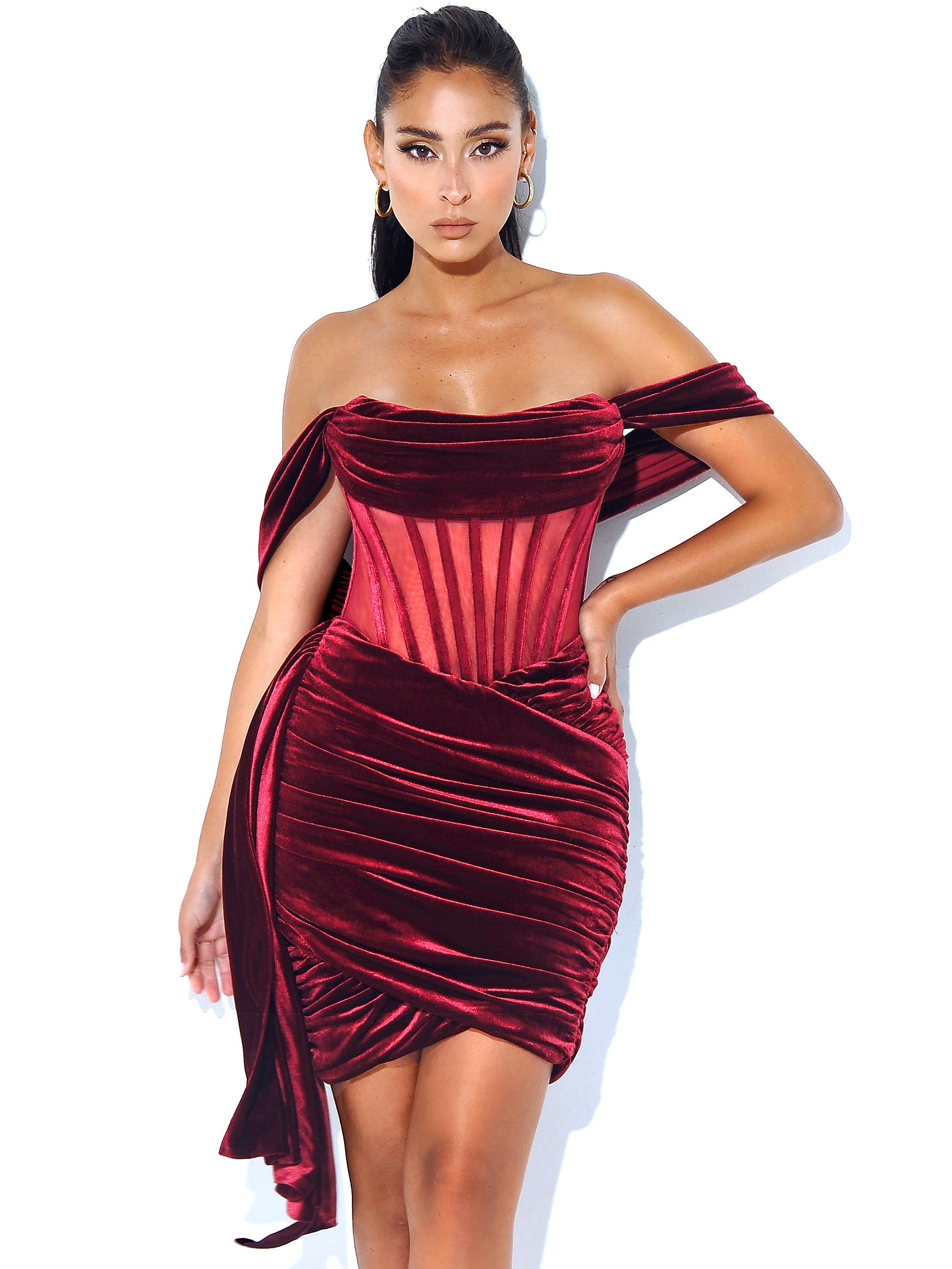 Irisa Burgundy Draping Off Shoulder Corset Dress