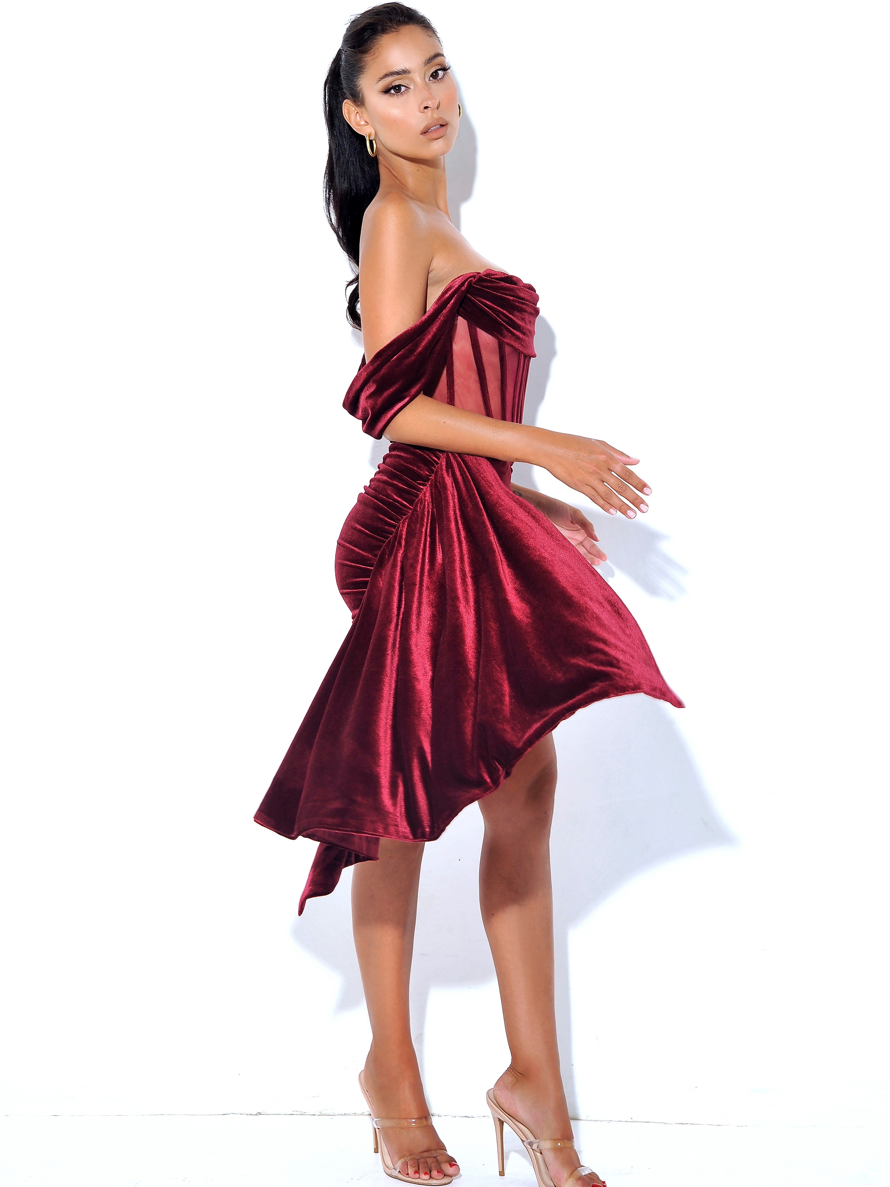 Irisa Burgundy Draping Off Shoulder Corset Dress