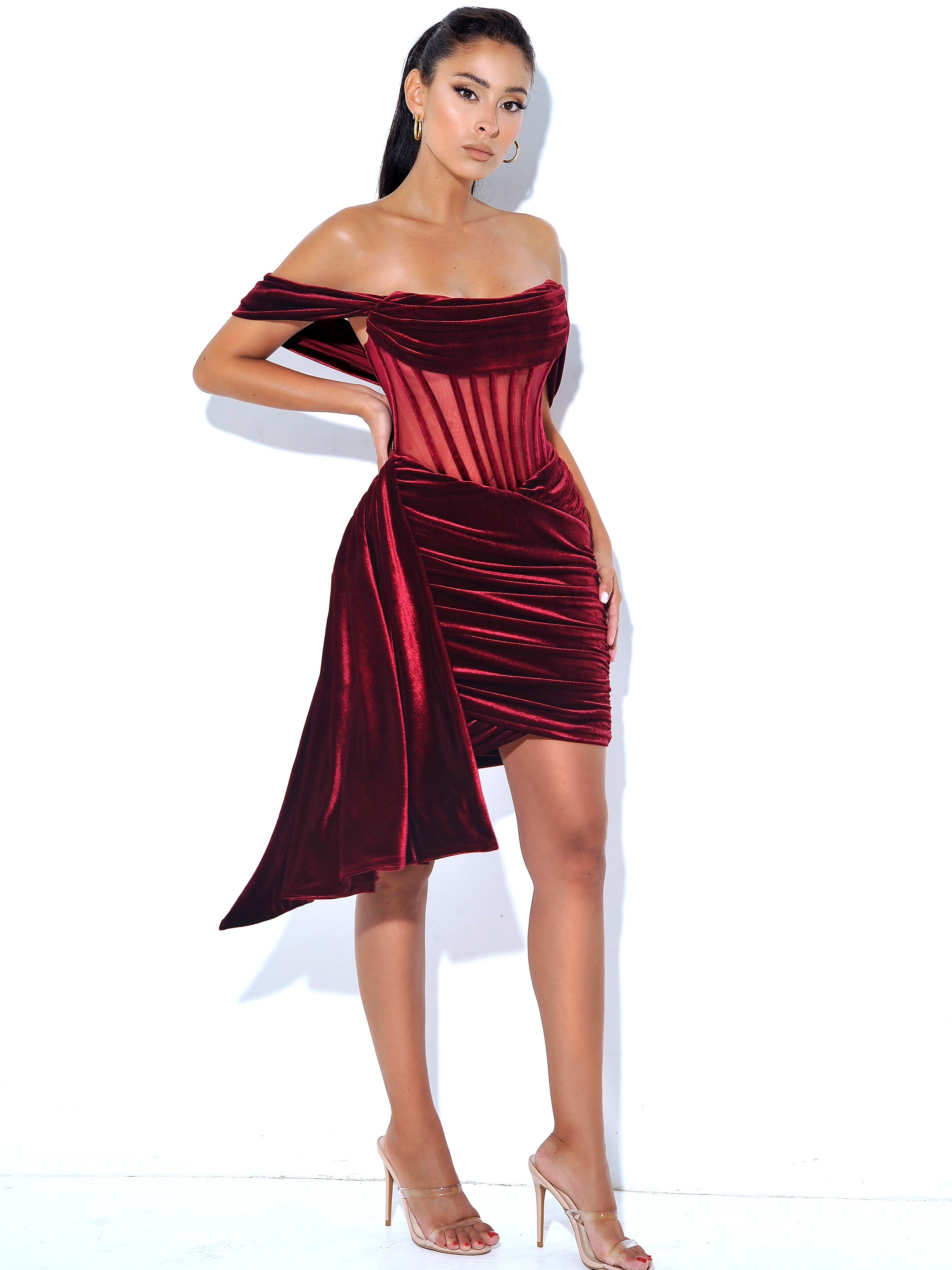 Irisa Burgundy Draping Off Shoulder Corset Dress