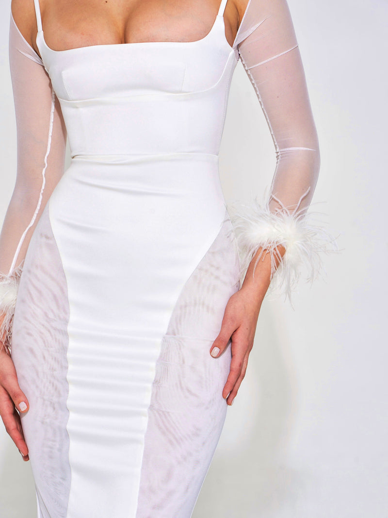 Oaklie White Satin Mesh Sleeve Dress with Feather