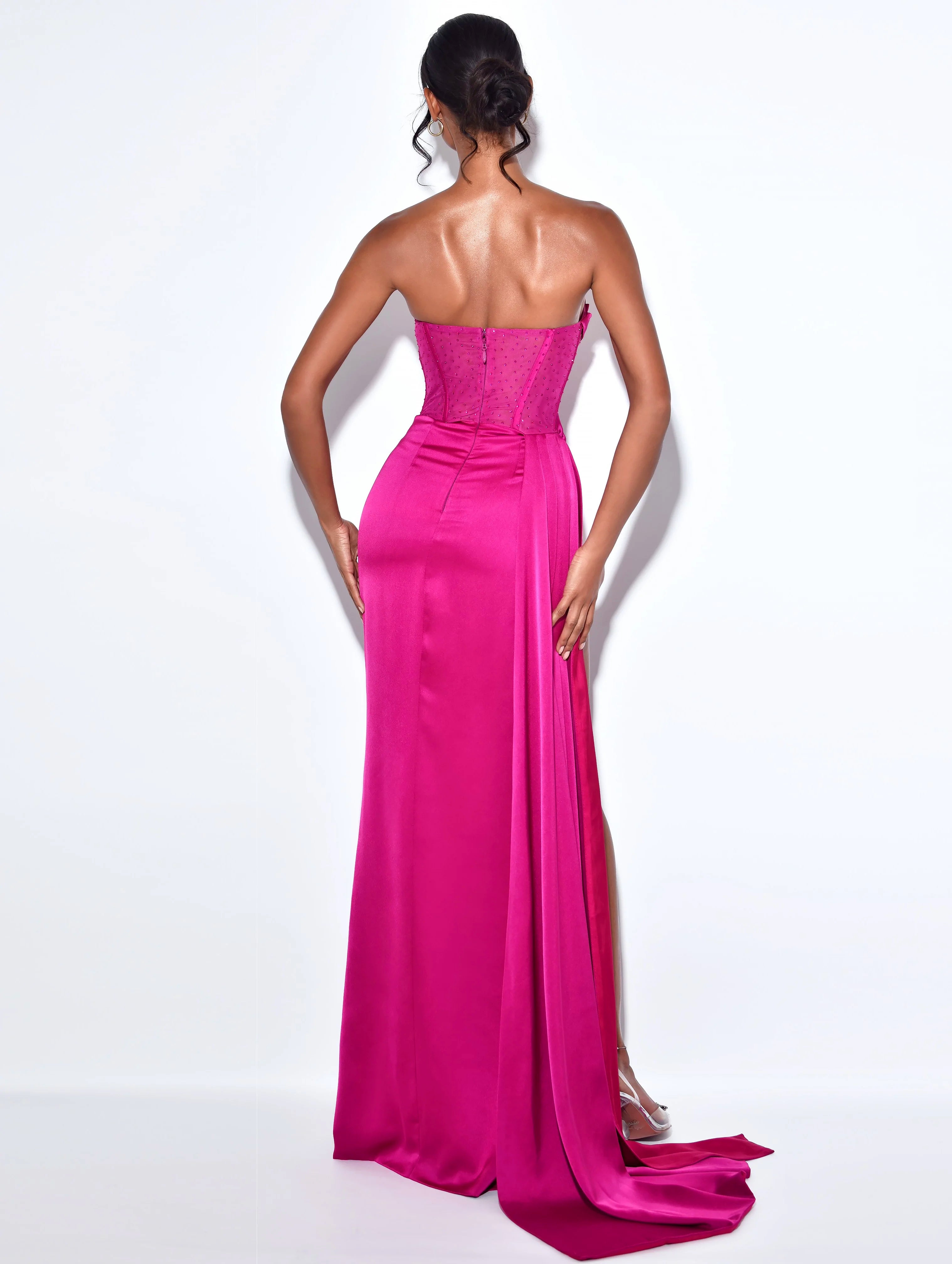 Holly Fuchsia Crystallized Corset High Slit Satin Gown