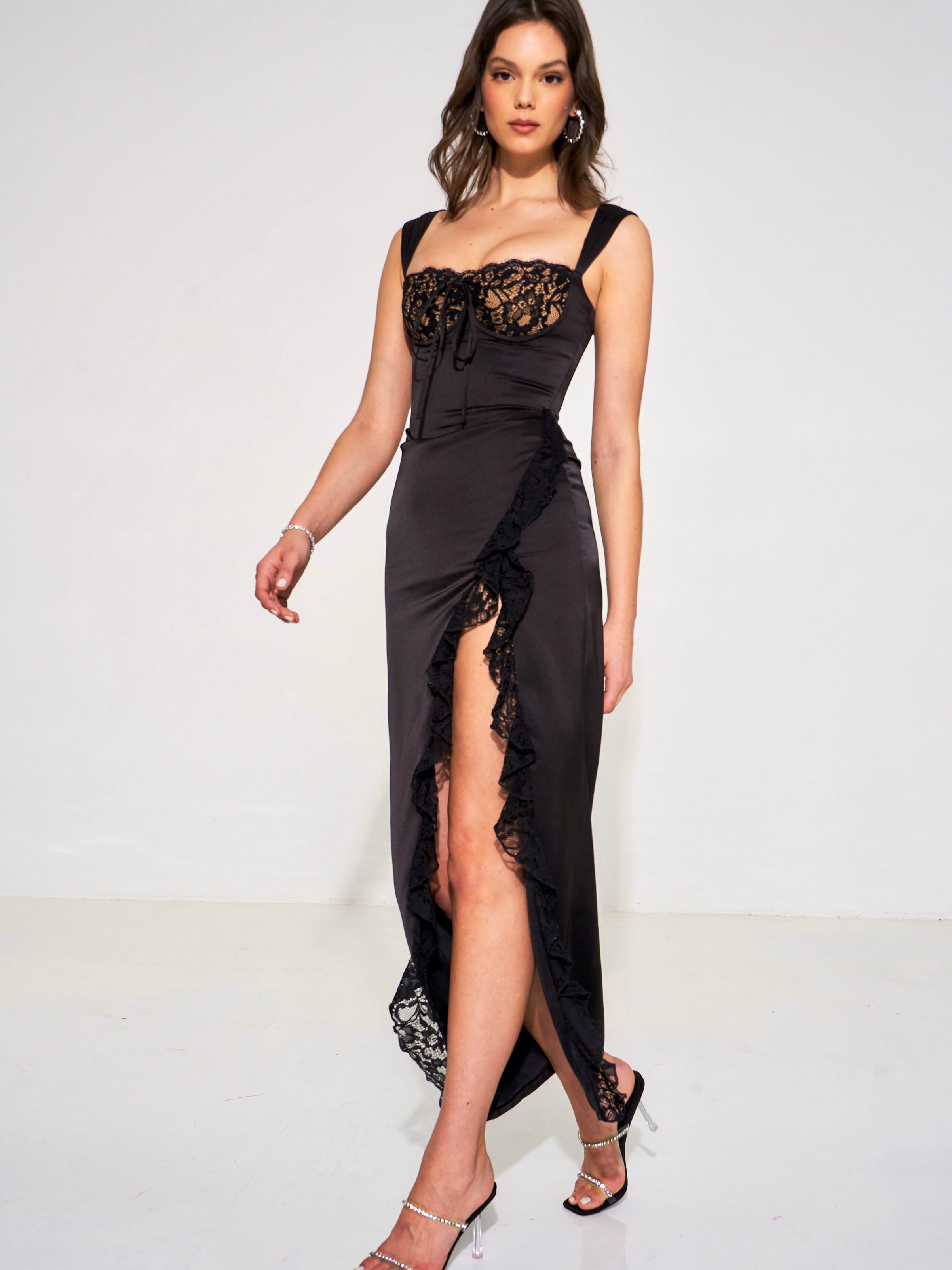 Freddie Black Lace Satin Maxi Corset Dress