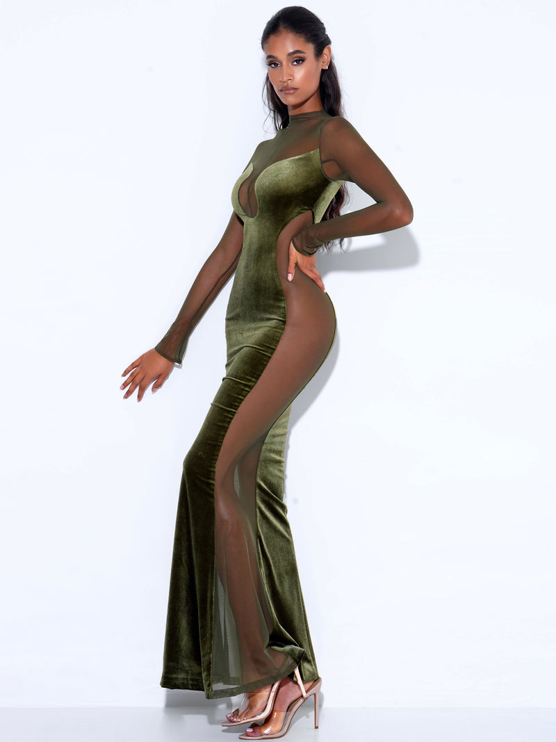 Paislee Olive Green Velvet Mesh Long Sleeve Gown