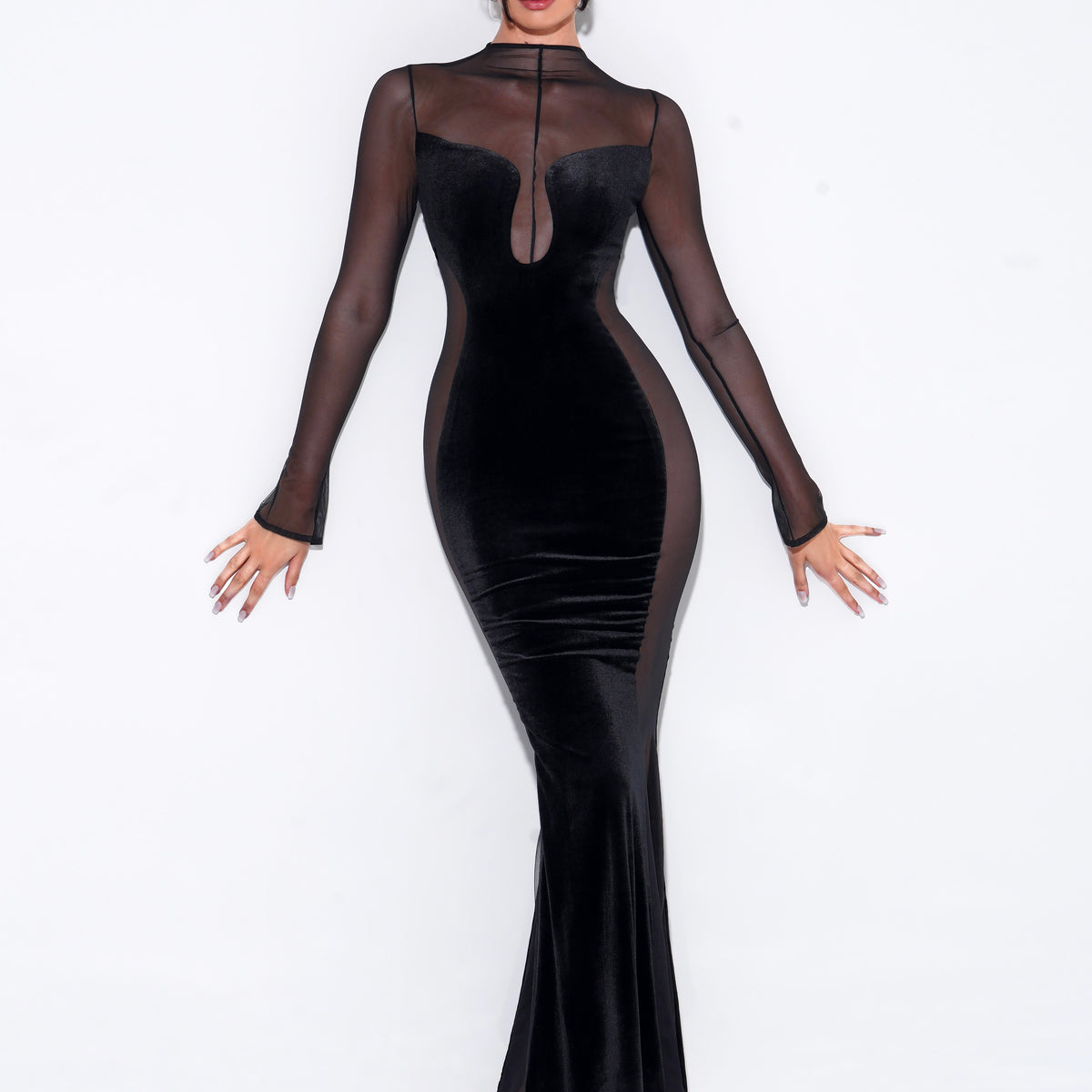 Paislee Black Velvet Mesh Long Sleeve Gown (Archive Sale) Paislee Black Velvet Mesh Long Sleeve Gown (Archive Sale)