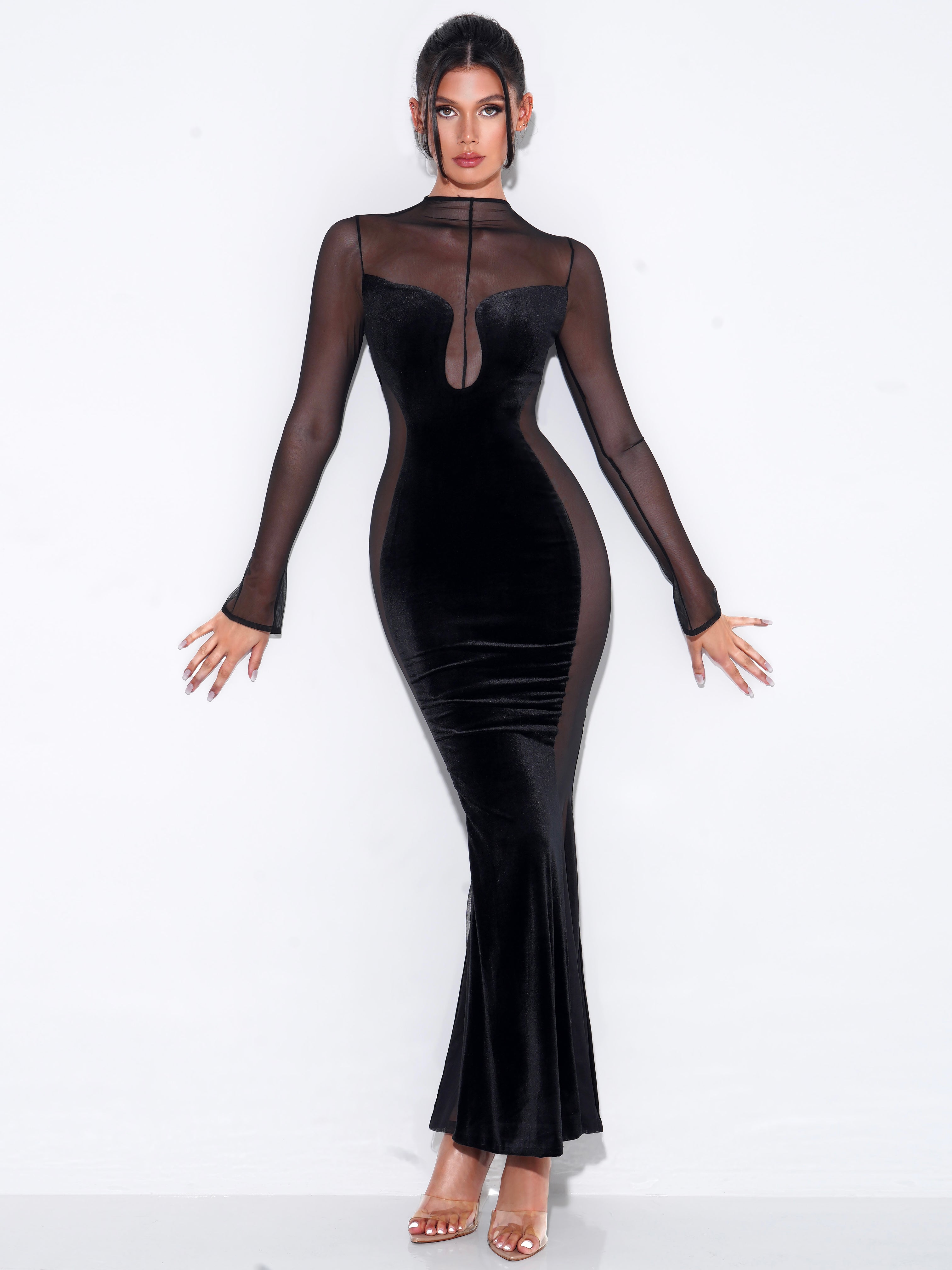 Paislee Black Velvet Mesh Long Sleeve Gown (Archive Sale) - XXS / US 0 Paislee Black Velvet Mesh Long Sleeve Gown (Archive Sale) - XXS / US 0